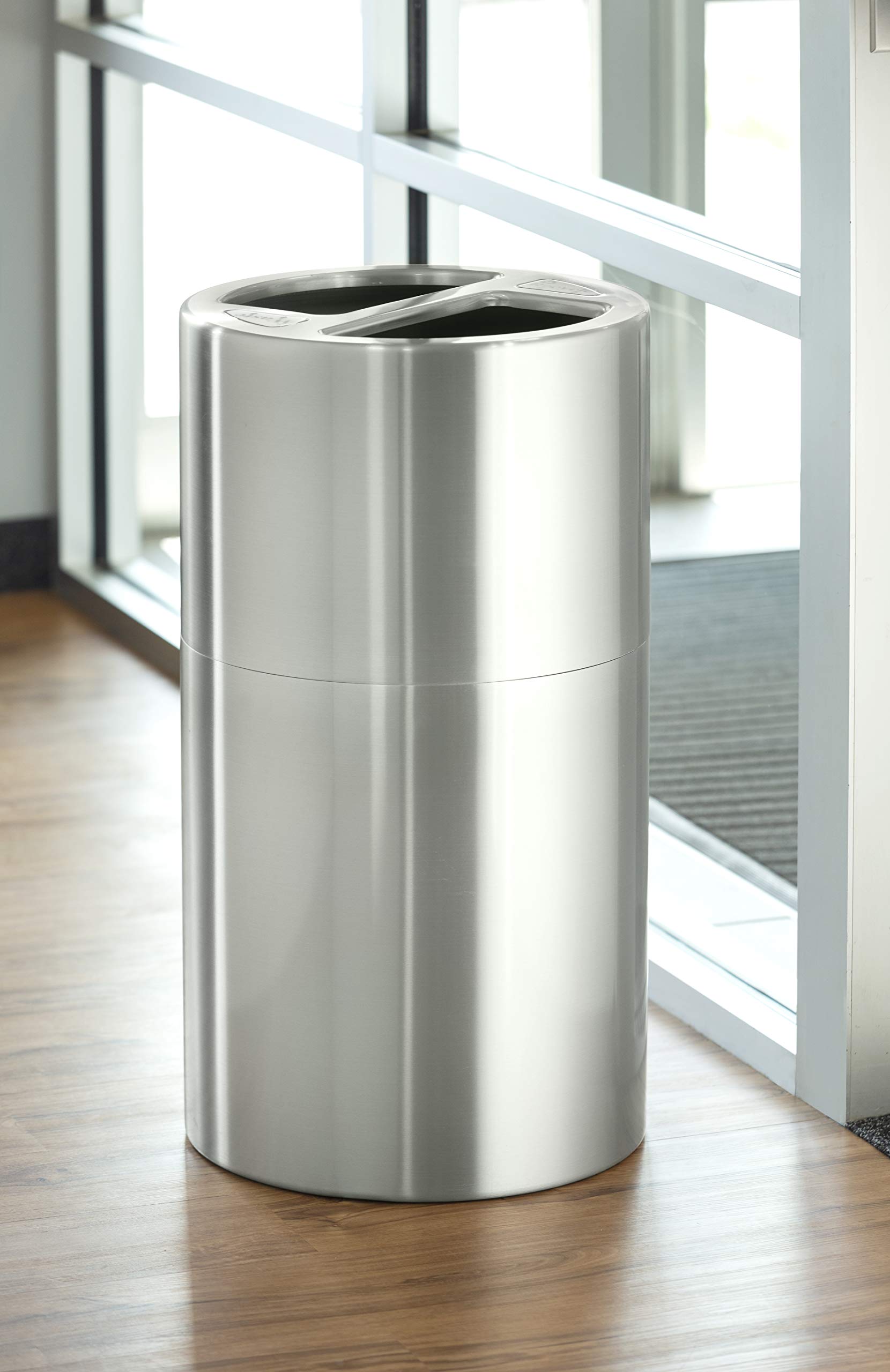 Safco Dual-Bin Indoor Contemporary-Style Recycling & Trash Can With Decals, Stainless Steel, 30 Gallon, Silver