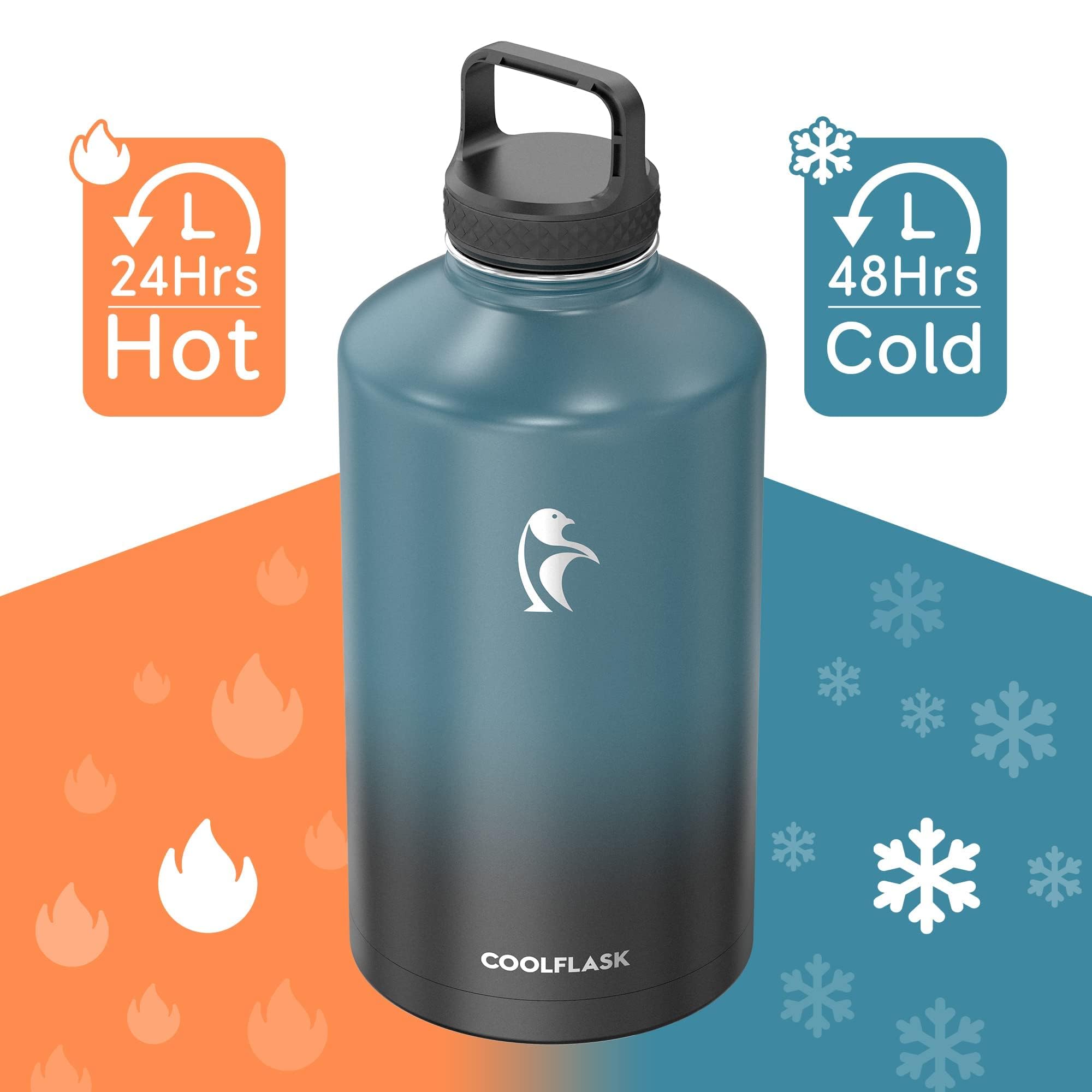 Coolflask 128 Oz Gallon Water Bottle Insulated With Straw&3 Lids, Water Jug Large Stainless Steel Metal Vacuum Wide Mouth For Sp