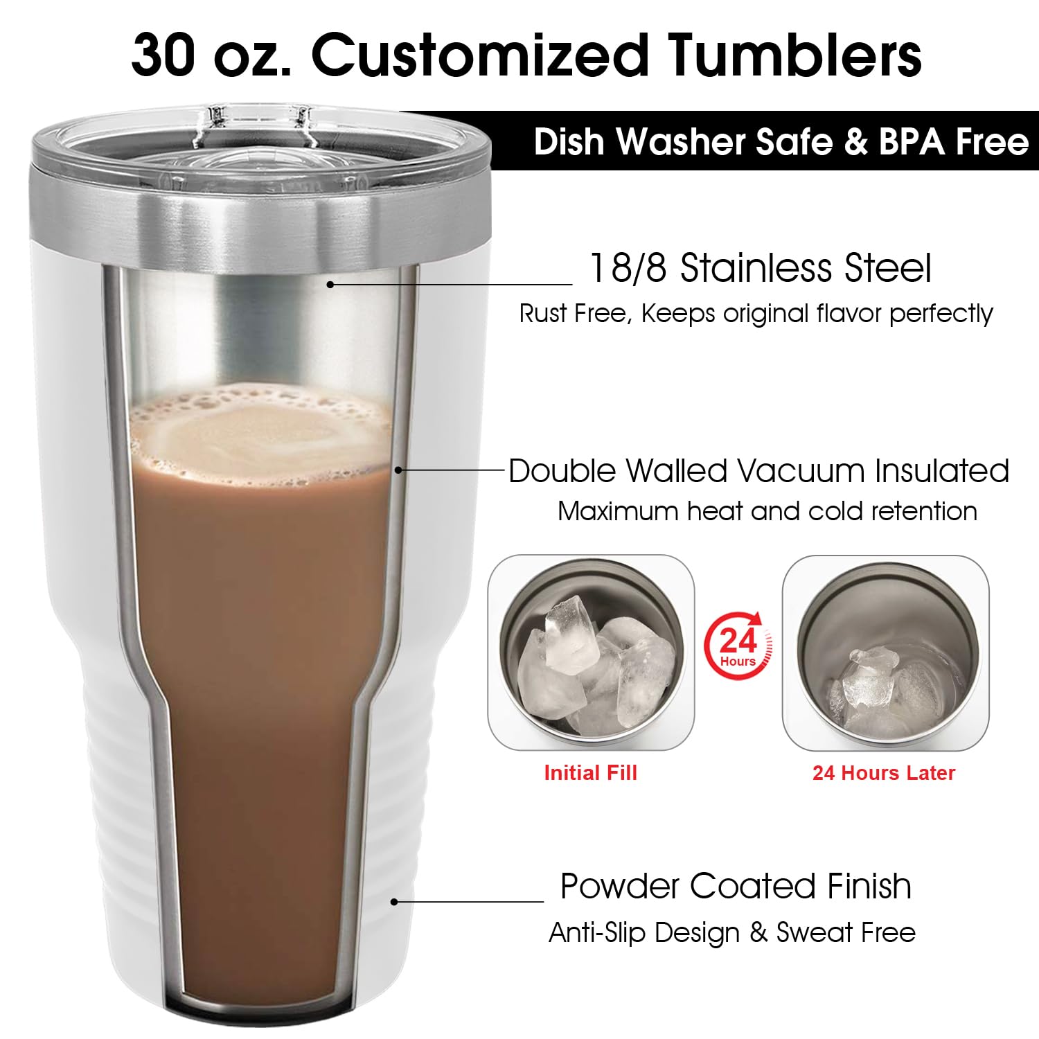 Personalized Tumblers with Lids and Straws  Your Signature Engraved in USA by iProductsUS 30oz Vacuum Insulated Travel Coffee Mugs Stainless Steel Double Wall Thermos Customized Cups(White 18-Designs)