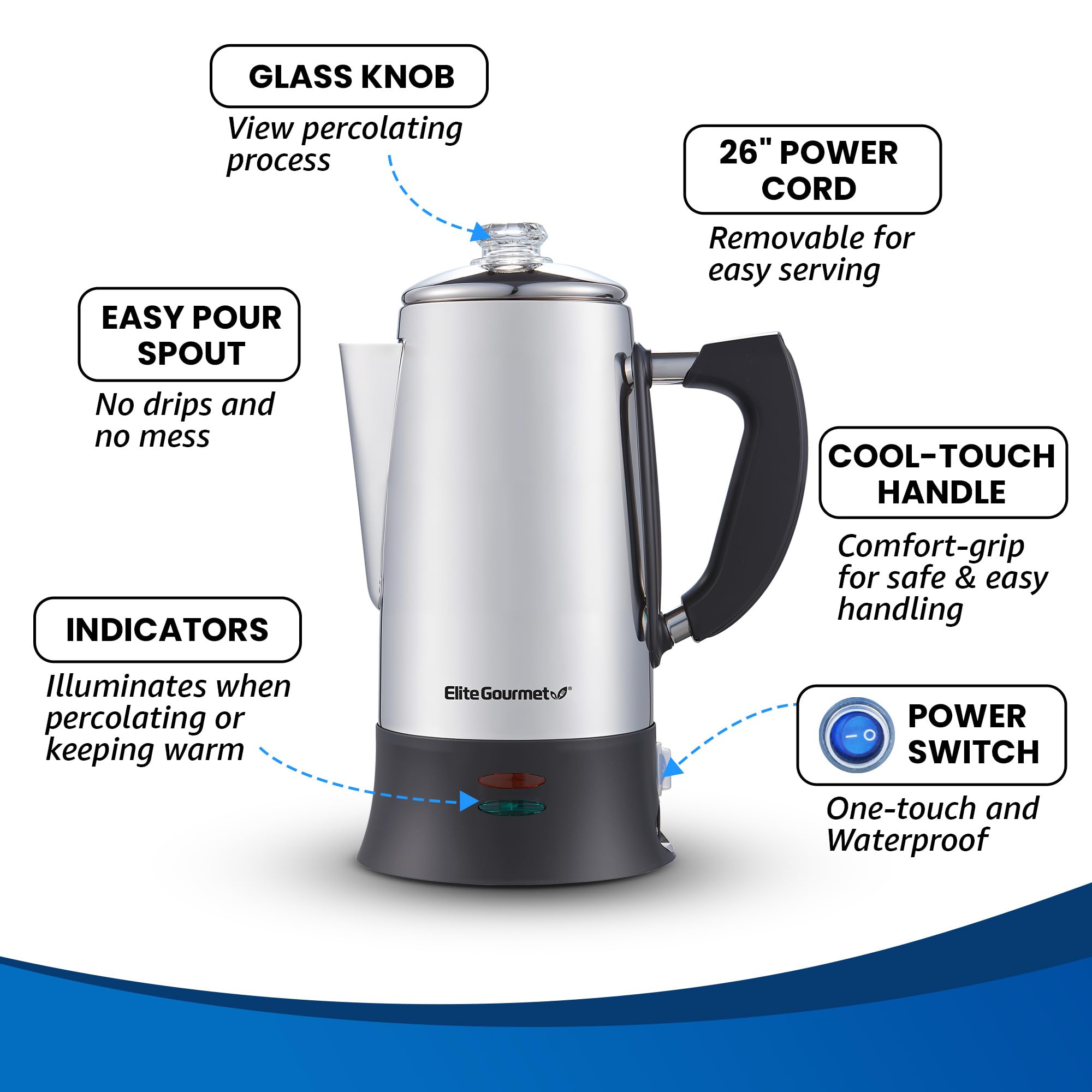 Elite Gourmet Ec922 Electric Coffee Percolator, Glass Clear Brew Progress Knob, Cool-Touch Handle, Cordless Serve, 12-Cup, Stain