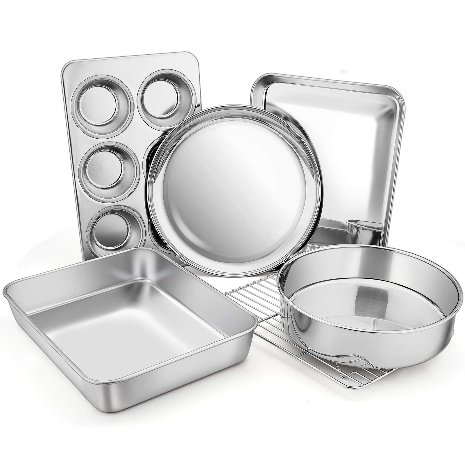 Toaster Oven Bakeware Set, E-Far 6-Piece Stainless Steel Small Baking Pan Set, Include Cake Brownie Pan/Cookie Sheet With Rack/M