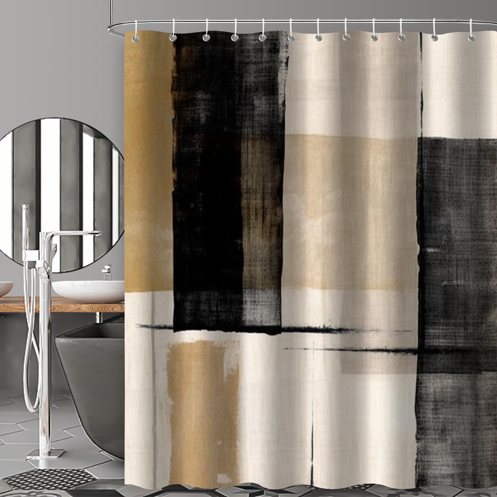 Tiyaandsy Oil Painting Abstract Shower Curtain For Bathroom, Black White Brown Boho Shower Curtain Set, Beige Tan Cream Fabric M