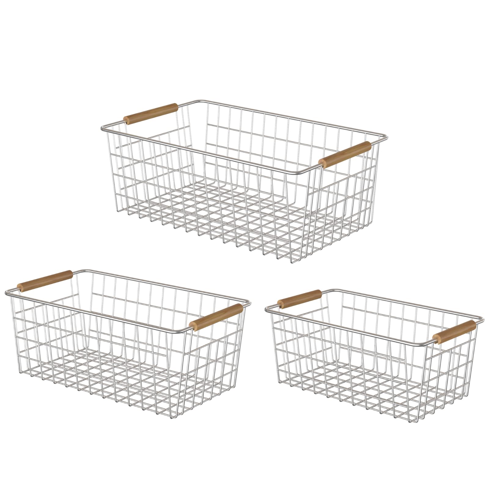 YOUVIP 3 Pack Wire Storage Baskets for Organizing,Household Pantry Storage Freezer Baskets with Wooden Handles,Metal Storage Bas