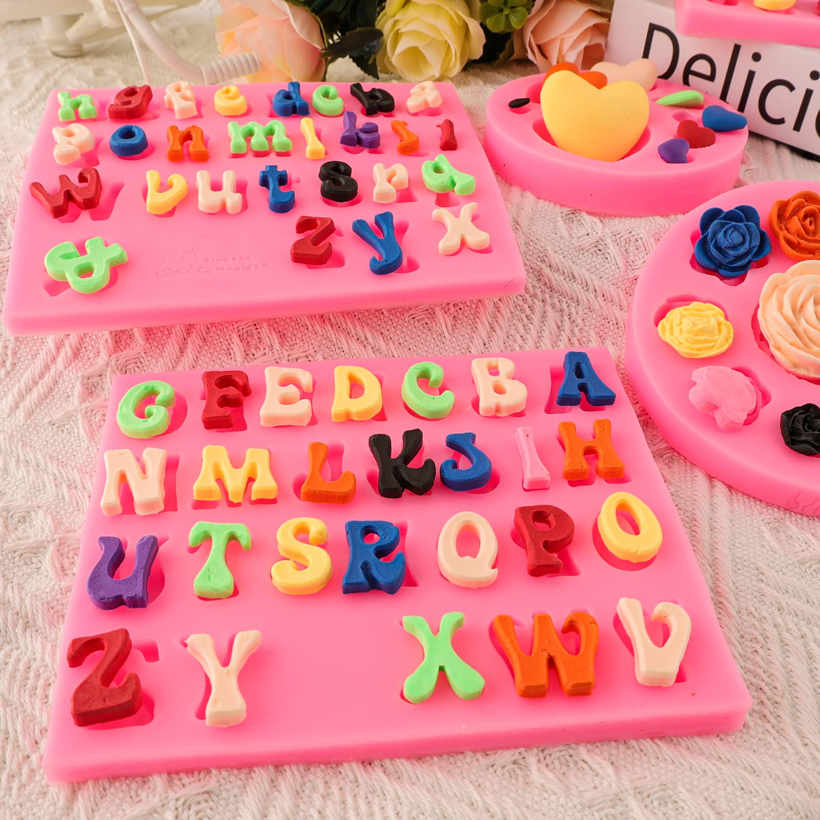 Letter Molds Alphabet Molds 5Pcs Letter Number Heart Shape Flower Silicone Mold For Chocolate Fondant Polymer Clay Candy Gummy C