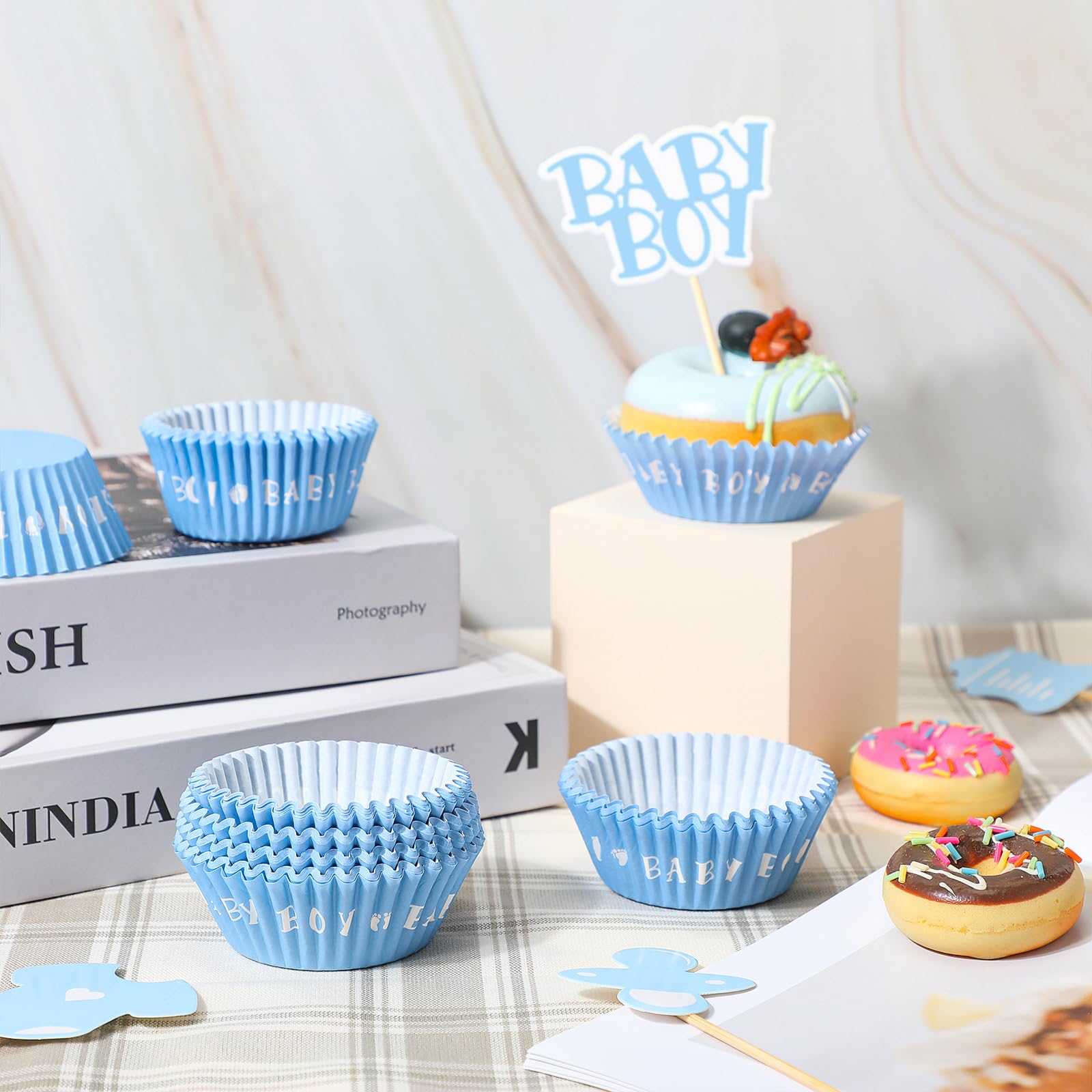Suttmin 250 Pcs Baby Boy Cupcake Decorations Include 150 Baby Blue Cupcake Liners Wrappers Baking Cups 100 Baby Boy Cupcake Topp