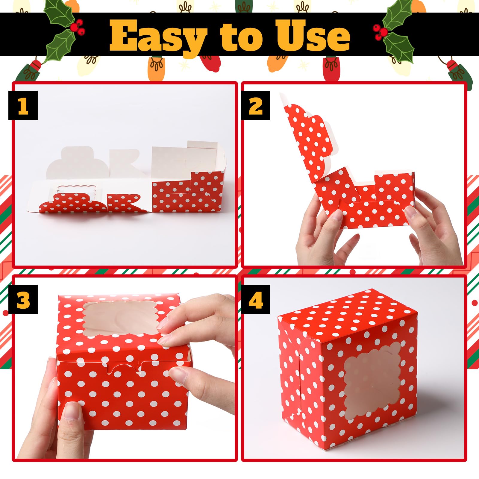 Humyoun 100 Pcs Christmas Cookie Boxes for Gift Giving 4 x 4 x 2.5 Inch Small Red and White Bakery Treat Boxes with Window for X