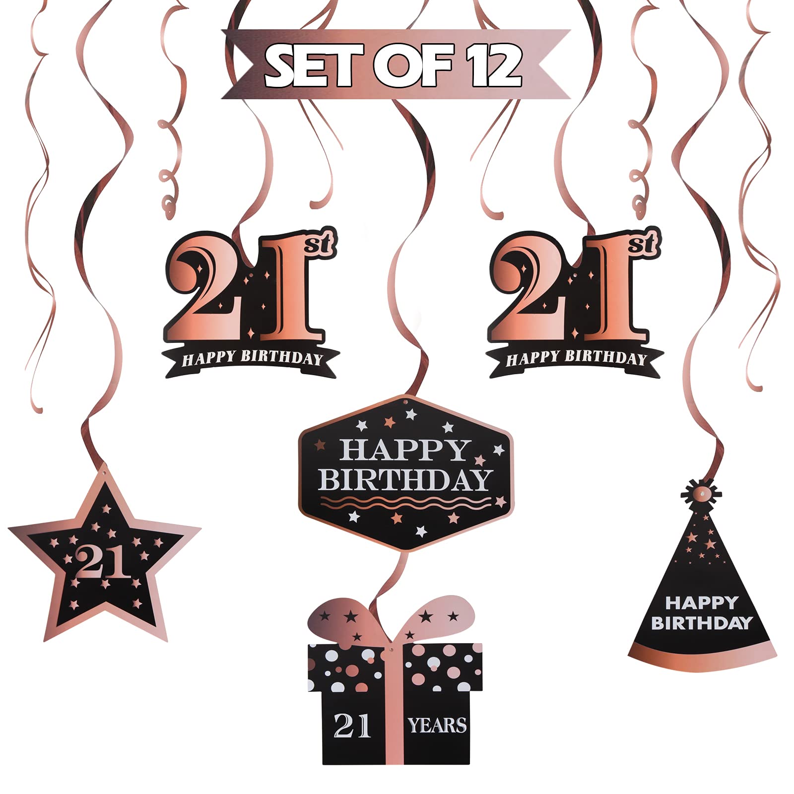 Lingteer Happy 21St Birthday Decorations,21St Birthday Black With Rose Swirls Hanging Streamer Kit,Cheers To 21 Years Old Bday F