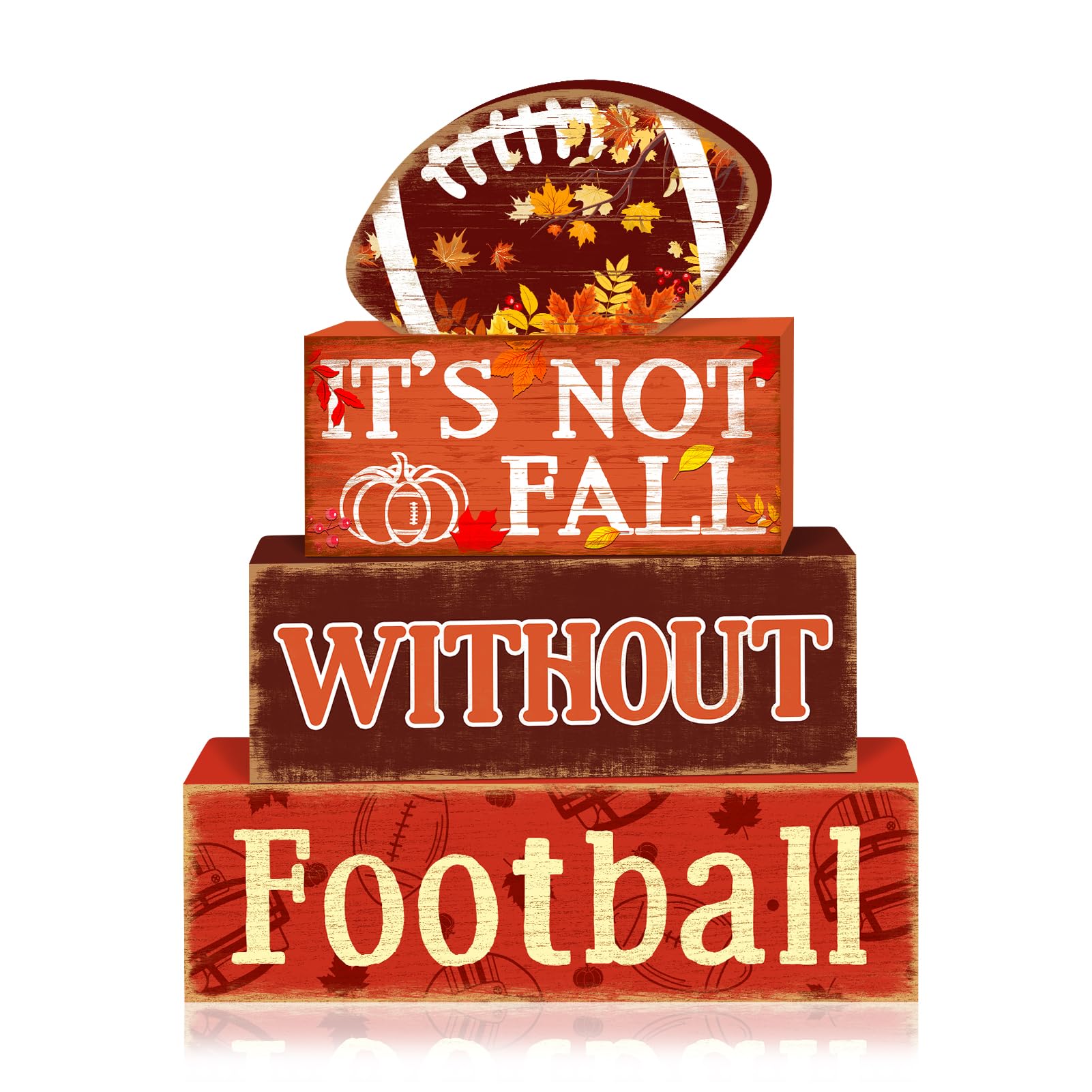 Britimes 4 Pcs Fall Football Decor Wooden Tiered Tray Decorations Set Game Day Stack Block Signs Pumpkin Leaf Farmhouse Rustic F