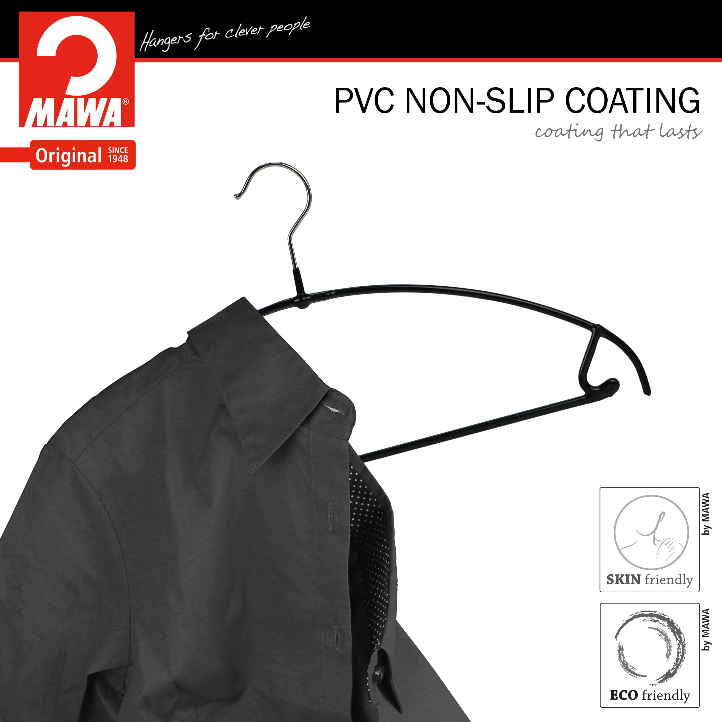 Mawa by Reston Lloyd Euro Ultra Light/Thin Series  Non-Slip Space-Saving Clothes Hanger with Bar & Hooks for Pants and Skirts  Style 42/PTU  Set of 10  Black