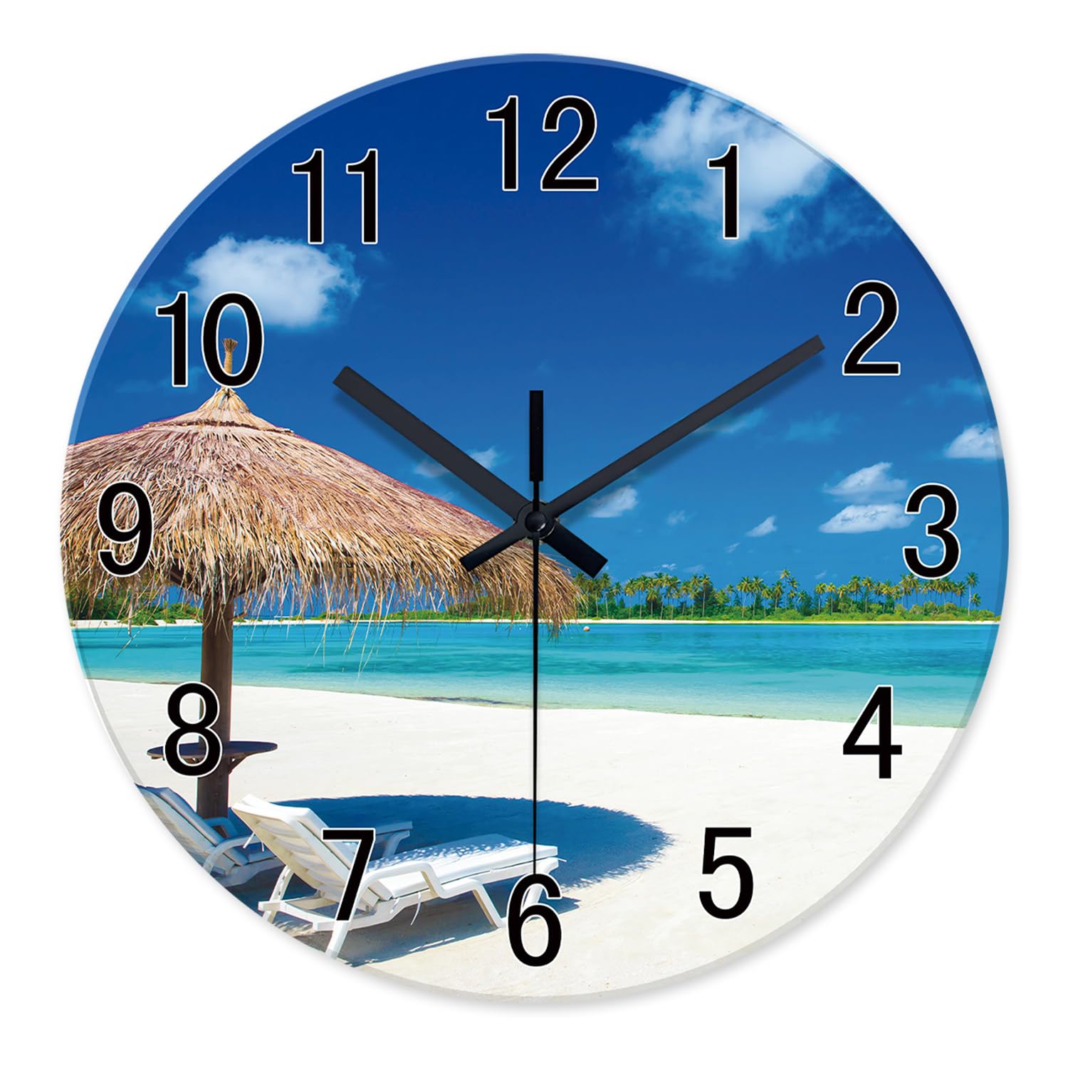 Xfm Glass Blue Coastal Wall Clock Battery Operated 14 Inch - Palm Beach Clocks Wall Decor - Silent Wall Clock For Barthroom - De