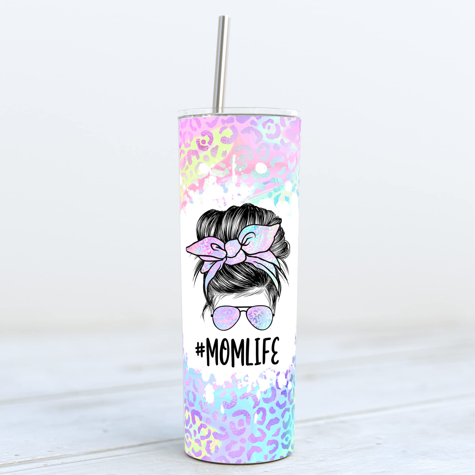 Younique Designs Iridescent Leopard Mom Coffee Tumbler With Straw And Lid, 20 Oz, Insulated Stainless Steel Skinny Tumbler For W