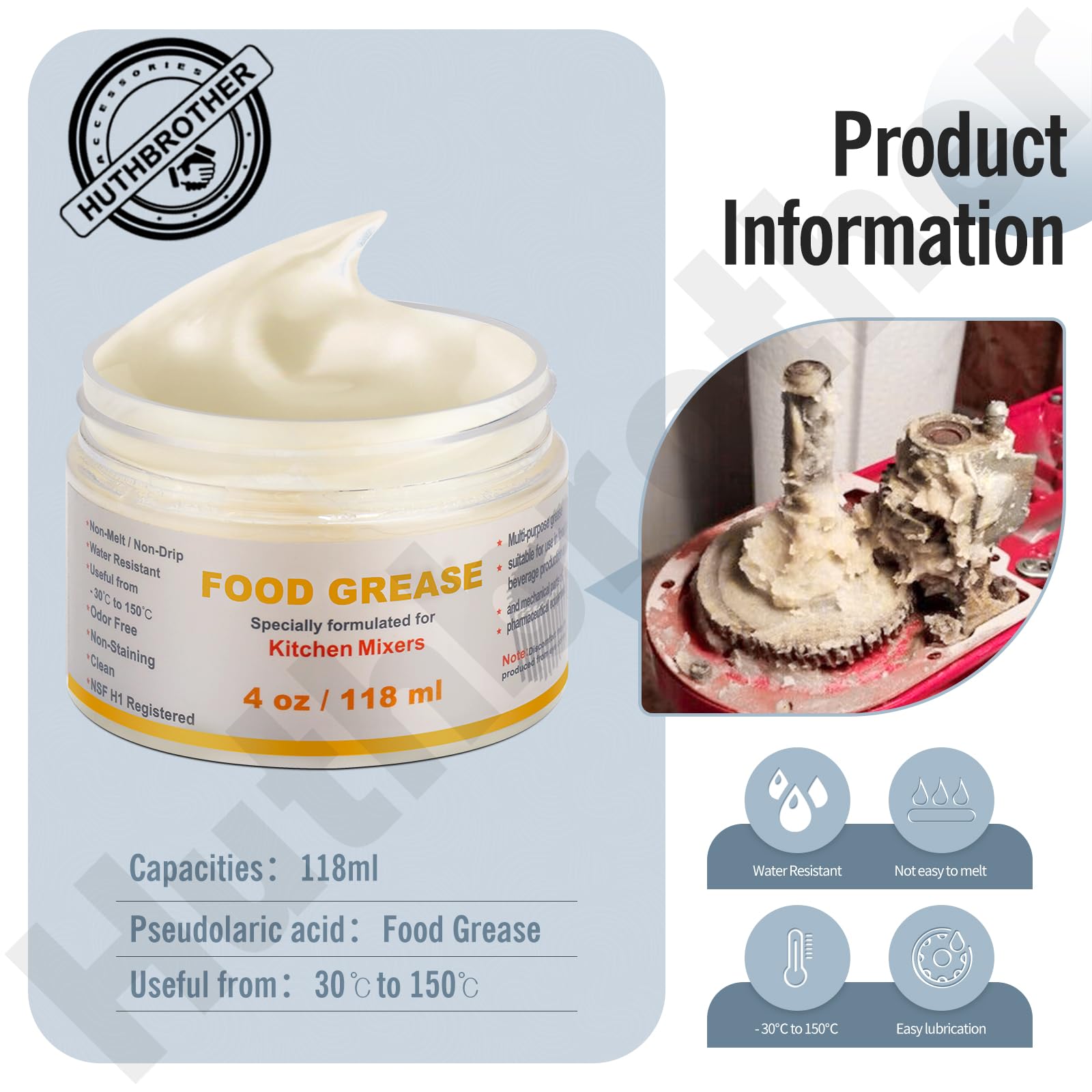 Huthbrother 4 Oz Food Grade Grease for KitchenAid Stand Mixer - NSF-H1 Accredited, Includes Gasket 9709511 & Spatula, White