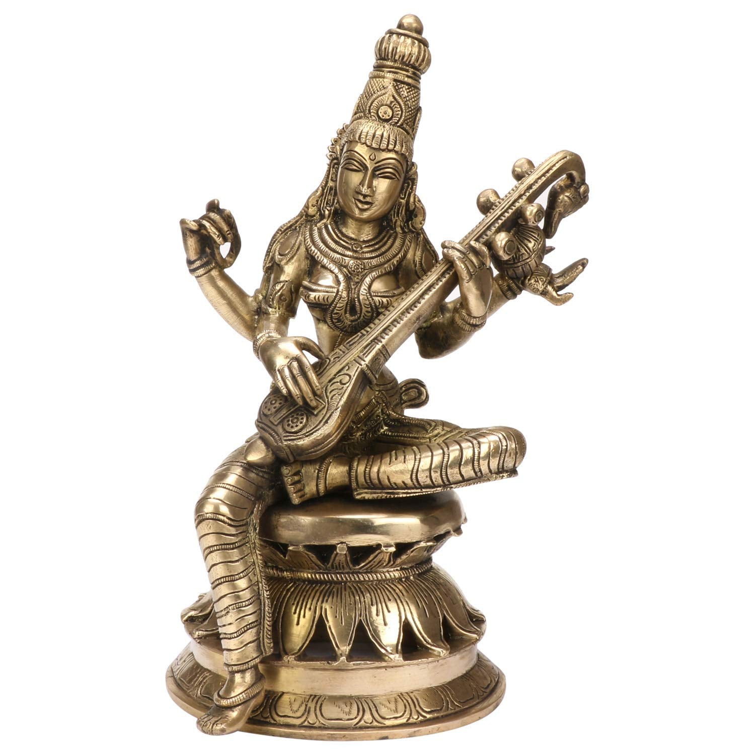 Kartique Brass Saraswati Idol With Veena, Antique Gold Finish, 12 Inches Height, For Home Decor, Pooja Room, And Gifts