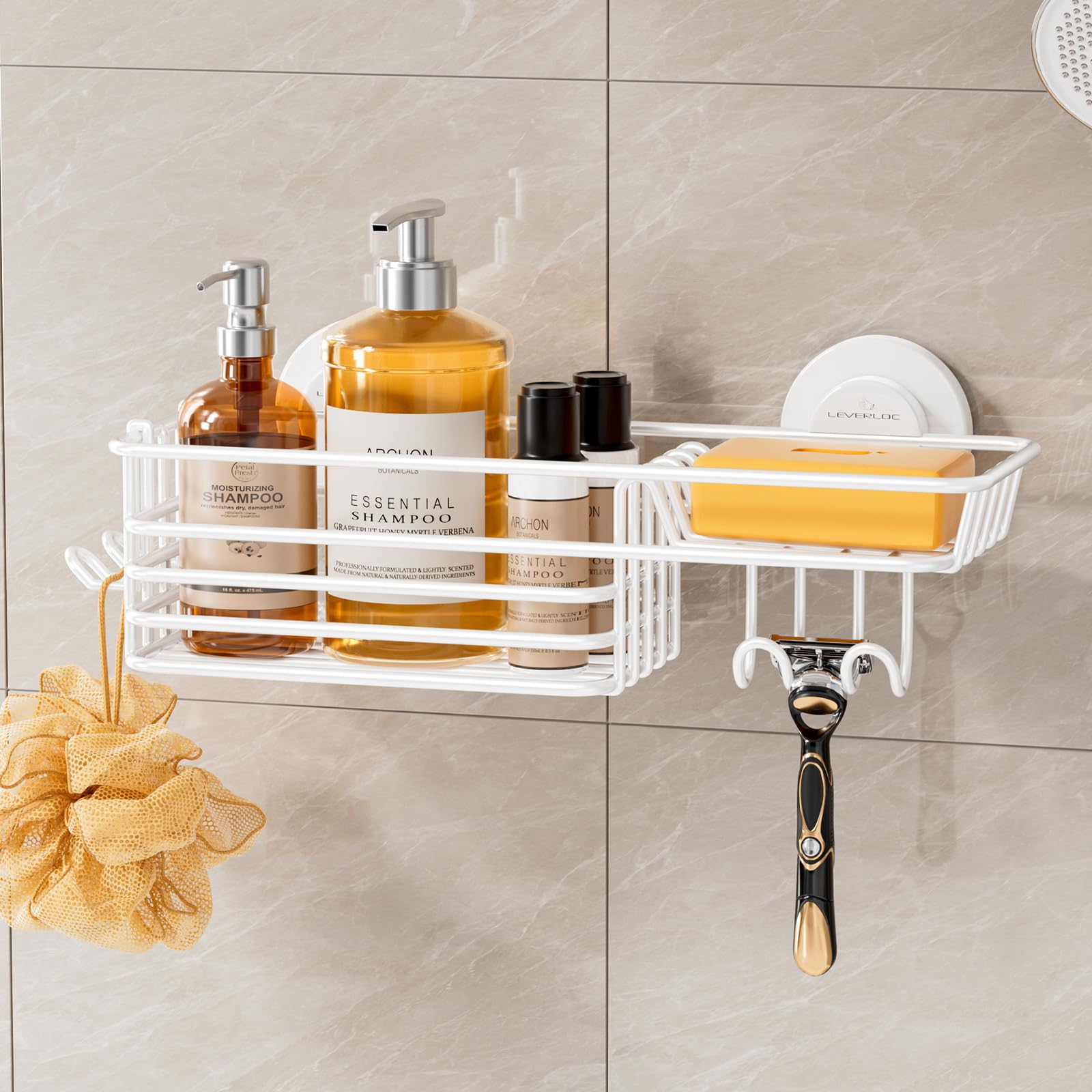 LEVERLOC Shower Caddy Suction Cup, Heavy Duty Bathroom Organizer for Inside Shower with Hooks & Soap holder, NO-Drilling Bathroo