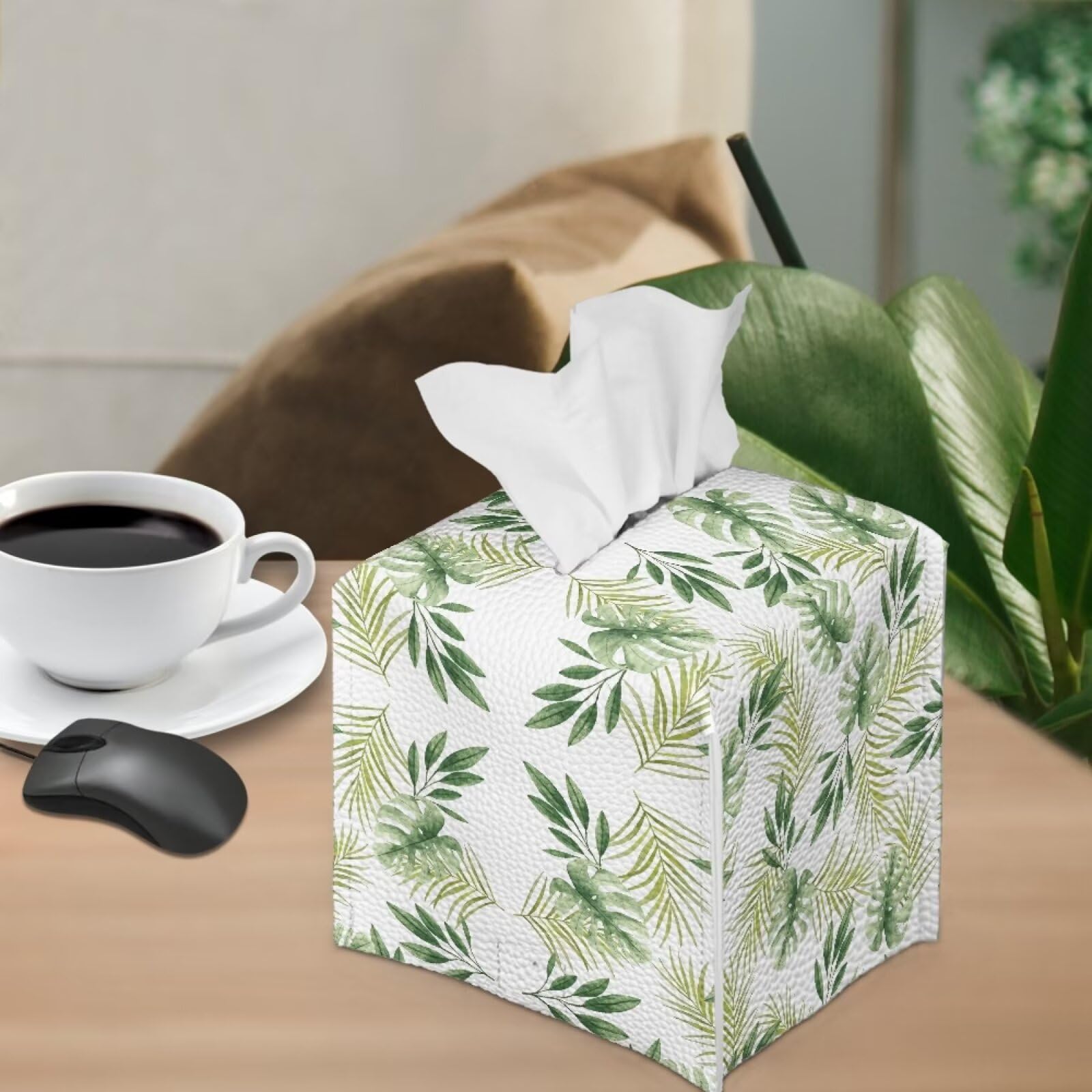 Tutolipy Tropic Leaves Monstera Print Tissue Box Cover Square Tissue Holder Pink Facial Paper Holder For Bathroom Vanity Counter