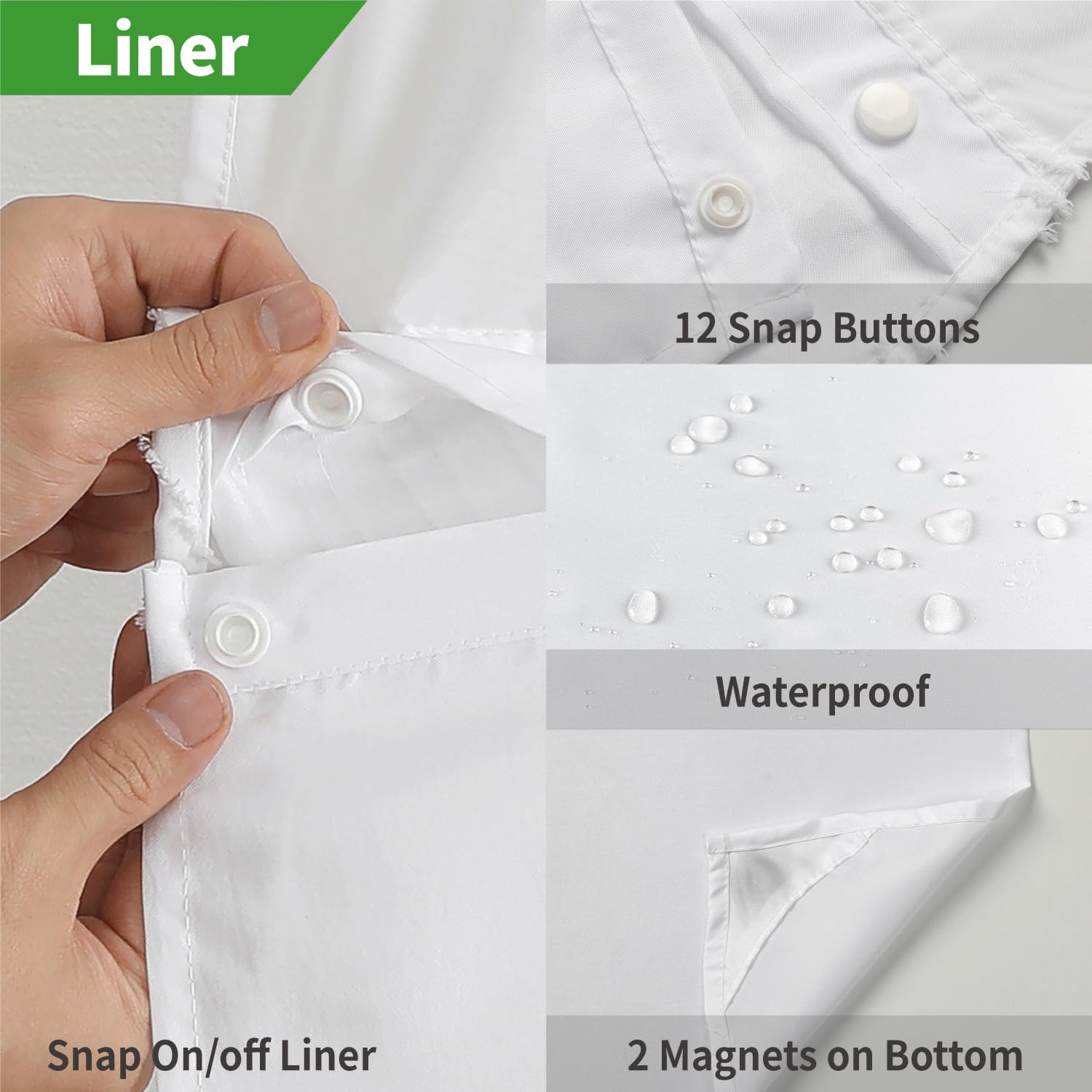 Eachope No Hook Shower Curtain And Liner Set,Boho Style With See Through Top Window, White Fabric Tufted Striped Textured Outer