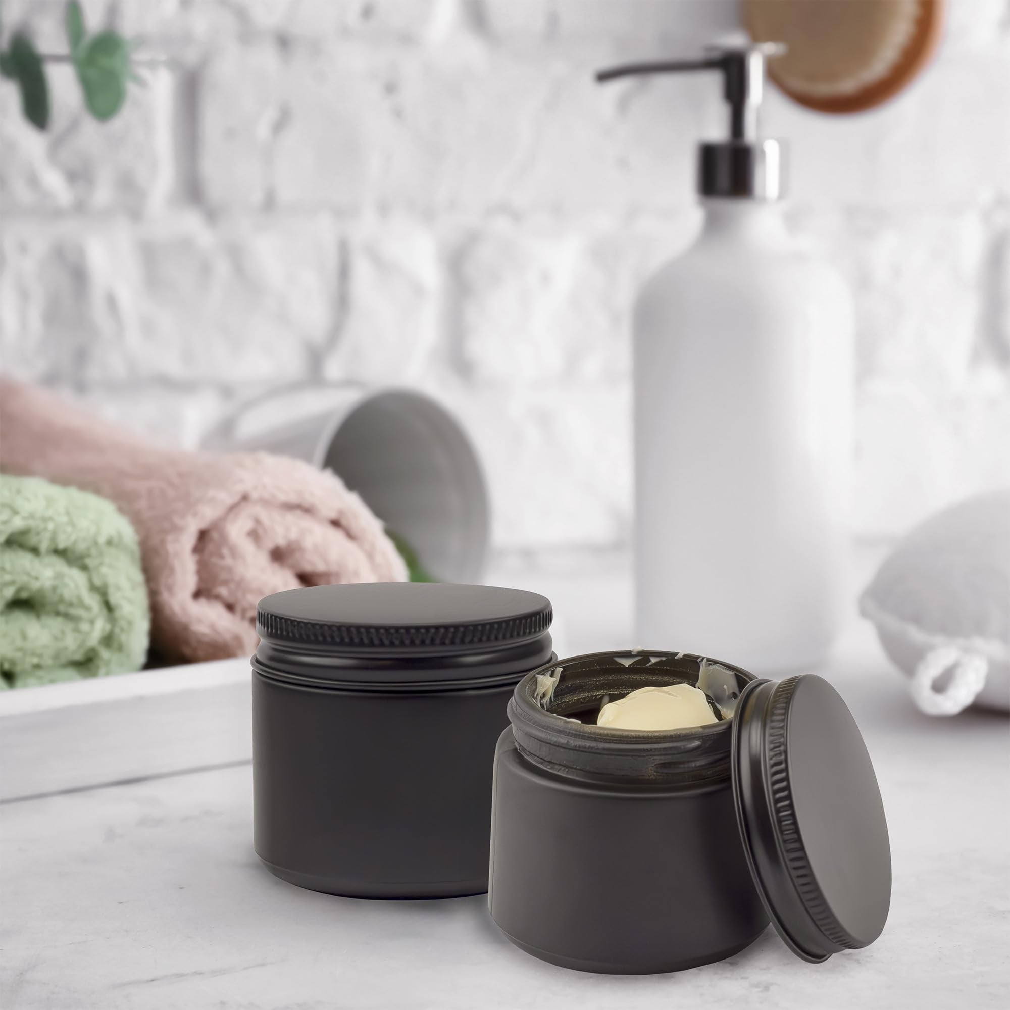 Cornucopia 2-Ounce Black Coated Glass Jars (12-Pack); Cosmetic Jars With Black Metal Lids And Black Matte Exterior