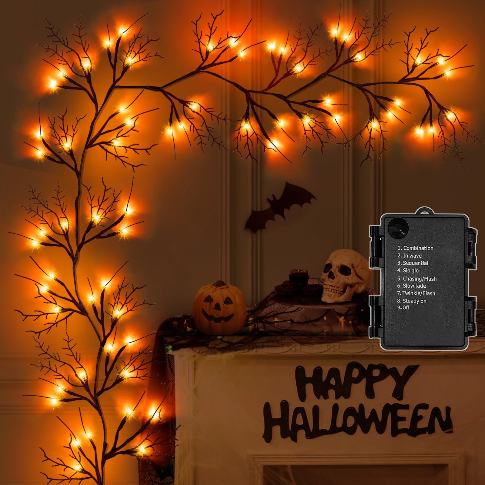 SURCVIO 9 Ft 54 LED Halloween Willow Vine Twig Decor Garland with 8 Modes Timer Waterproof Battery Operated Scary Halloween Deco