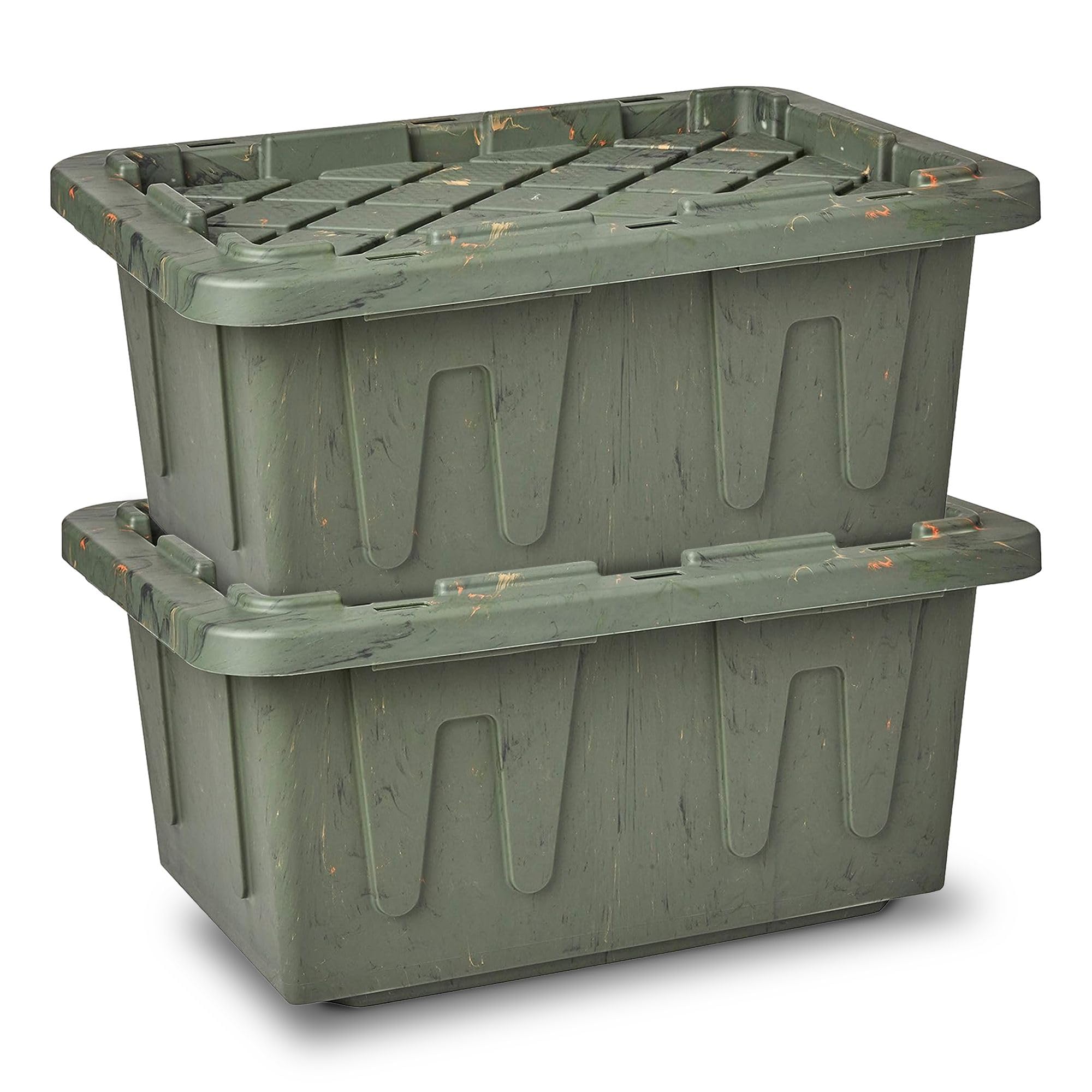 HOMZ 2-Pack Durabilt Tote, Heavy Duty Plastic Storage Bins with Lids, 15 Gallon, Green Camo - Stackable Organizing Containers fo