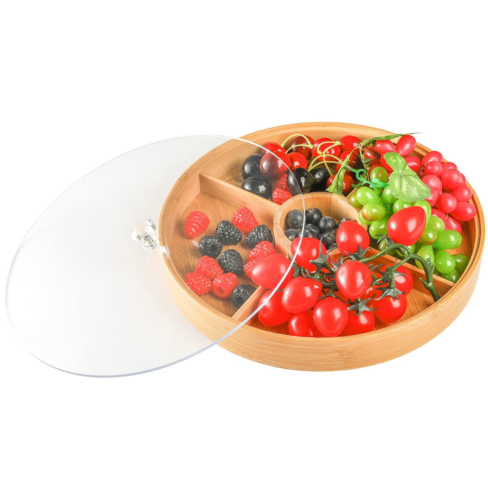 Hedume Bamboo Nuts Storage Platter Tray, Food Serving Tray With 5 Dining Grids, 12 Inches Dessert Fruit Veggie Food Serve Plate