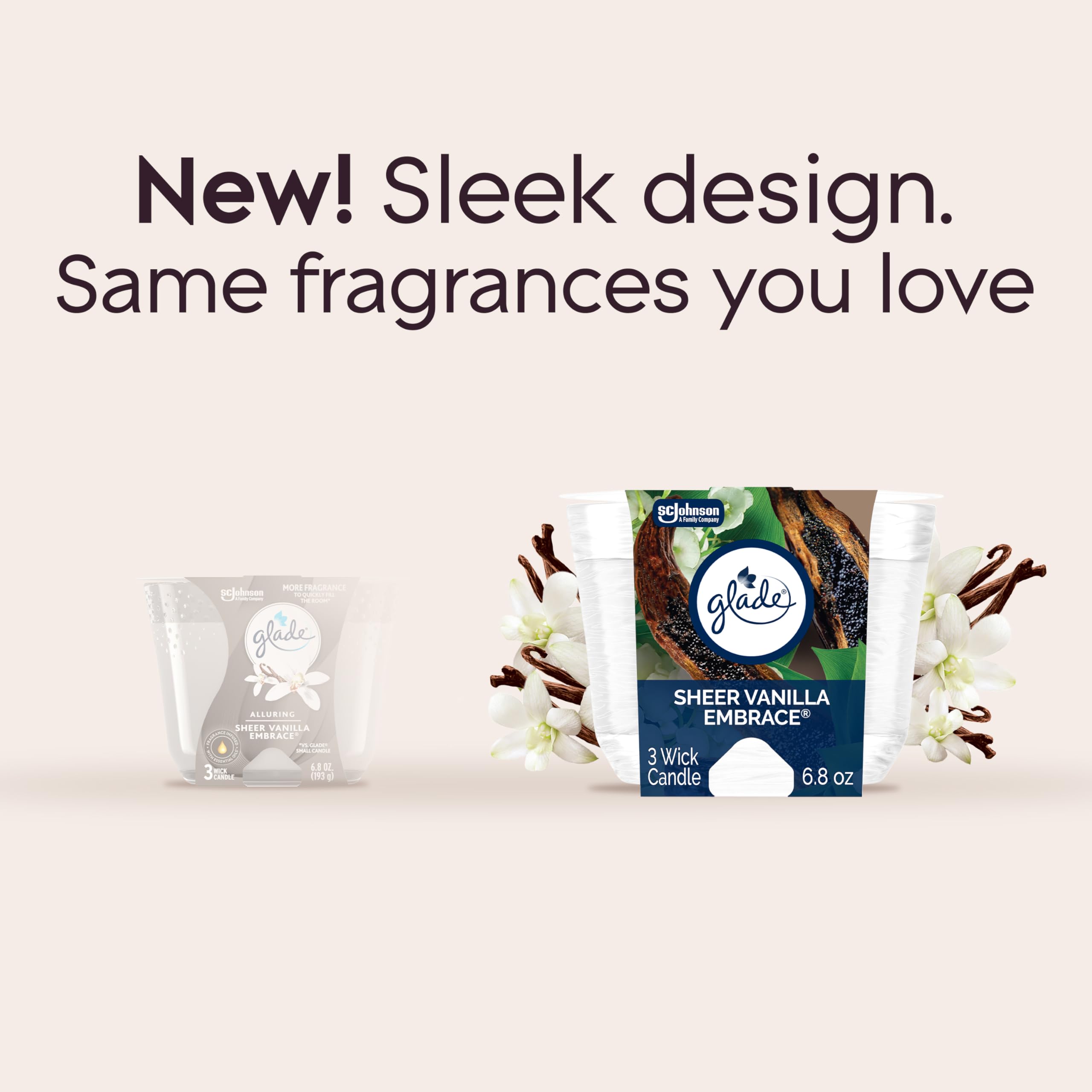 Glade Candle Sheer Vanilla Embrace, Fragrance Candle Infused with Essential Oils, Air Freshener Candle, 3-Wick Candle, 6.8 Oz, 3