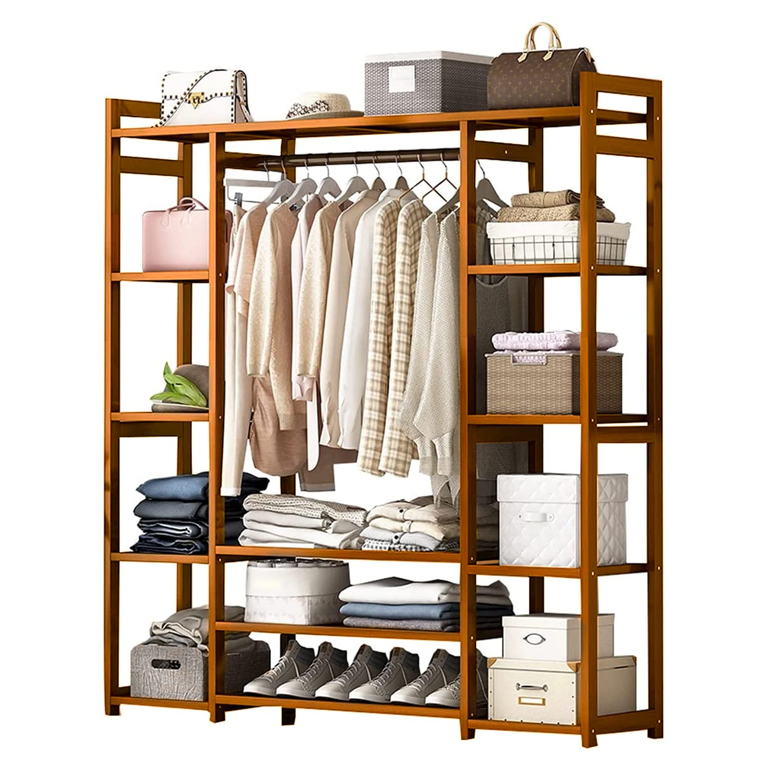 Naayaab Craft Bamboo Free Standing 3 Layer Clothes & Garment Rack Clothes Coat Hanger, Multipurpose Portable Wardrobe Closet Org