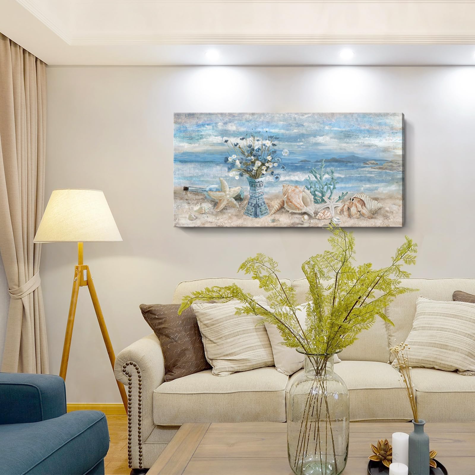 Large Canvas Wall Art For Living Room Seaside Painting Blue Sea View Ocean Theme Abstract Seascape Framed Artwork Coastal Beach