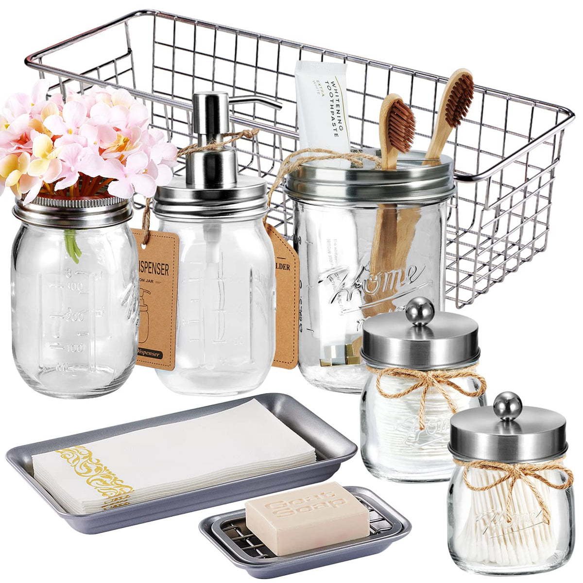 Mason Jar Bathroom Accessories Set 8 Pcs-Lotion Soap Dispenser,Toothbrush Holder,2 Apothecary Jars, Flower Vase,Soap Holder,Vani
