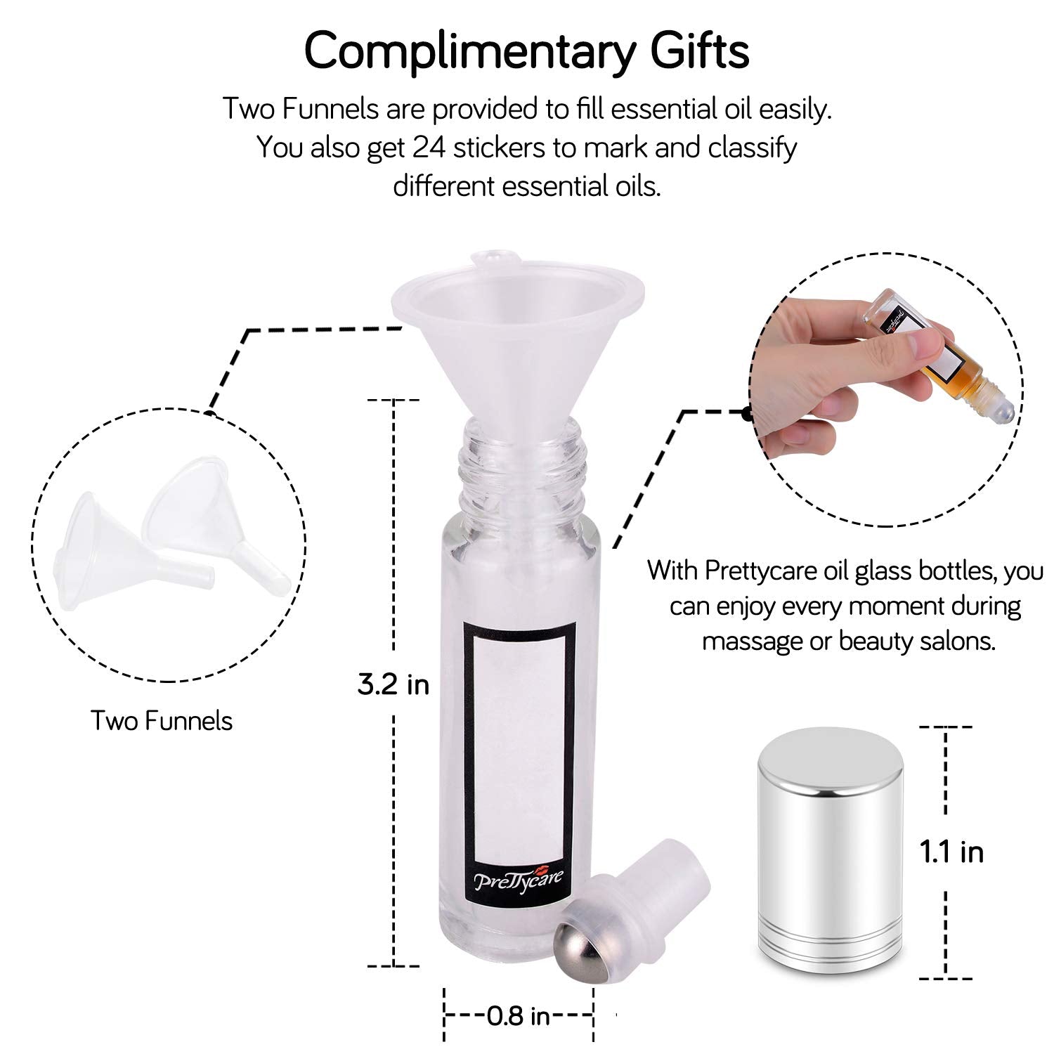 Prettycare Essential Oil Roller Bottles 10Ml (Clear Glass Bottle With Silver Cap, 12 Pack, 2 Extra Stainless Steel Balls, 24 Lab