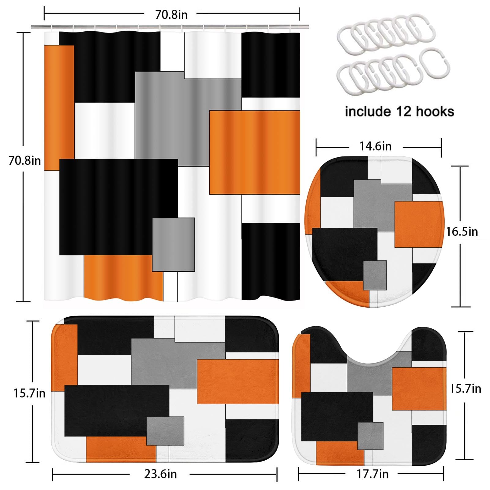 Subwest Orange Black Grey Modern Bathroom Set With Shower Curtain And Rugs Accessories, Modern Abstract Shower Curtain Orange Gr