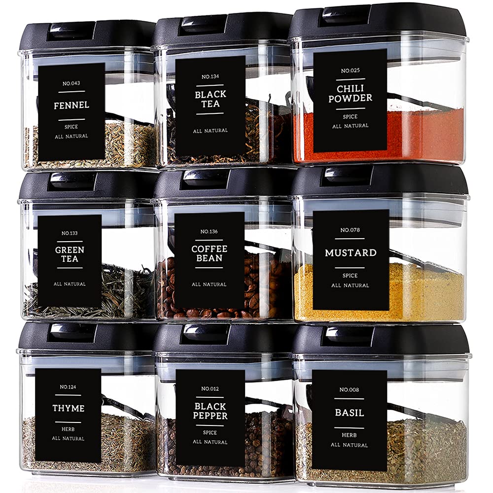 Spice Containers With Labels 9 Pcs Large Plastic Tea Storage Containers With 148 Spice Labels And 9 Spoons Square Airtight Food