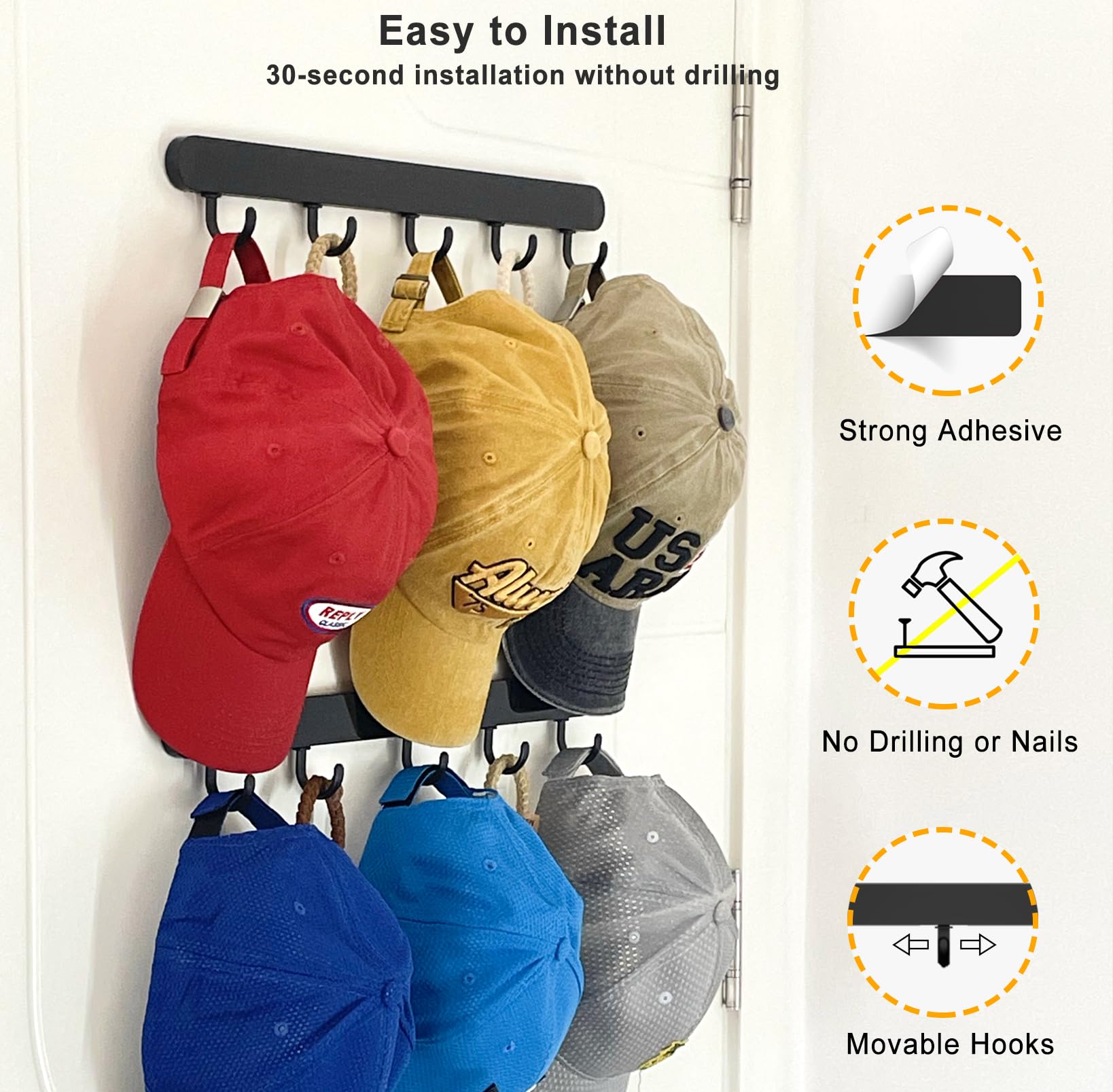 Etowifa Adhesive Hat Organizer Rack For Baseball Caps [Up To 36 Caps] Hat Hanger Display For Wall/Closet/Over The Door, Room/Col