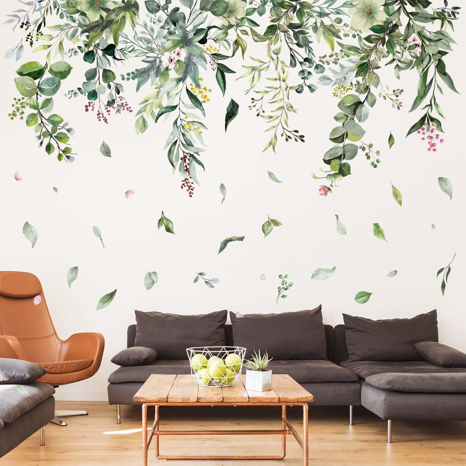 Amimagen Green Hanging Vine Wall Stickers - Nature Plants Flower Leaves Wall Decals - Bedroom Living Room Sofa Tv Background Hom