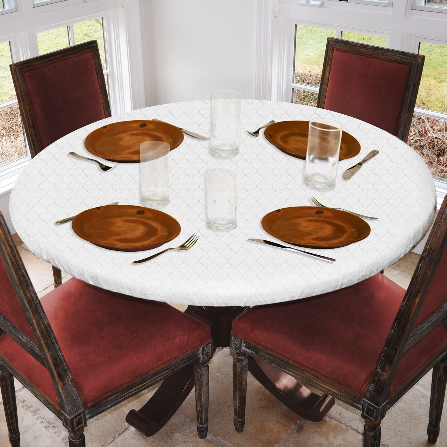 Covers For The Home Deluxe Elastic Edged Flannel Backed Vinyl Fitted Table Cover - Quilted White Pattern - Large Round - Fits Ta