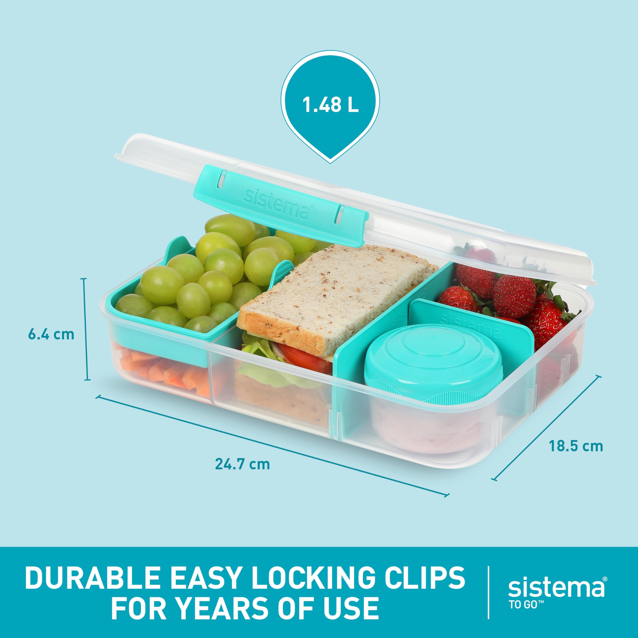 Sistema Bento Create To Go 6-Cup Food Storage Container Bento Box With Lid And Dividers, 2 Pack, Minty Teal