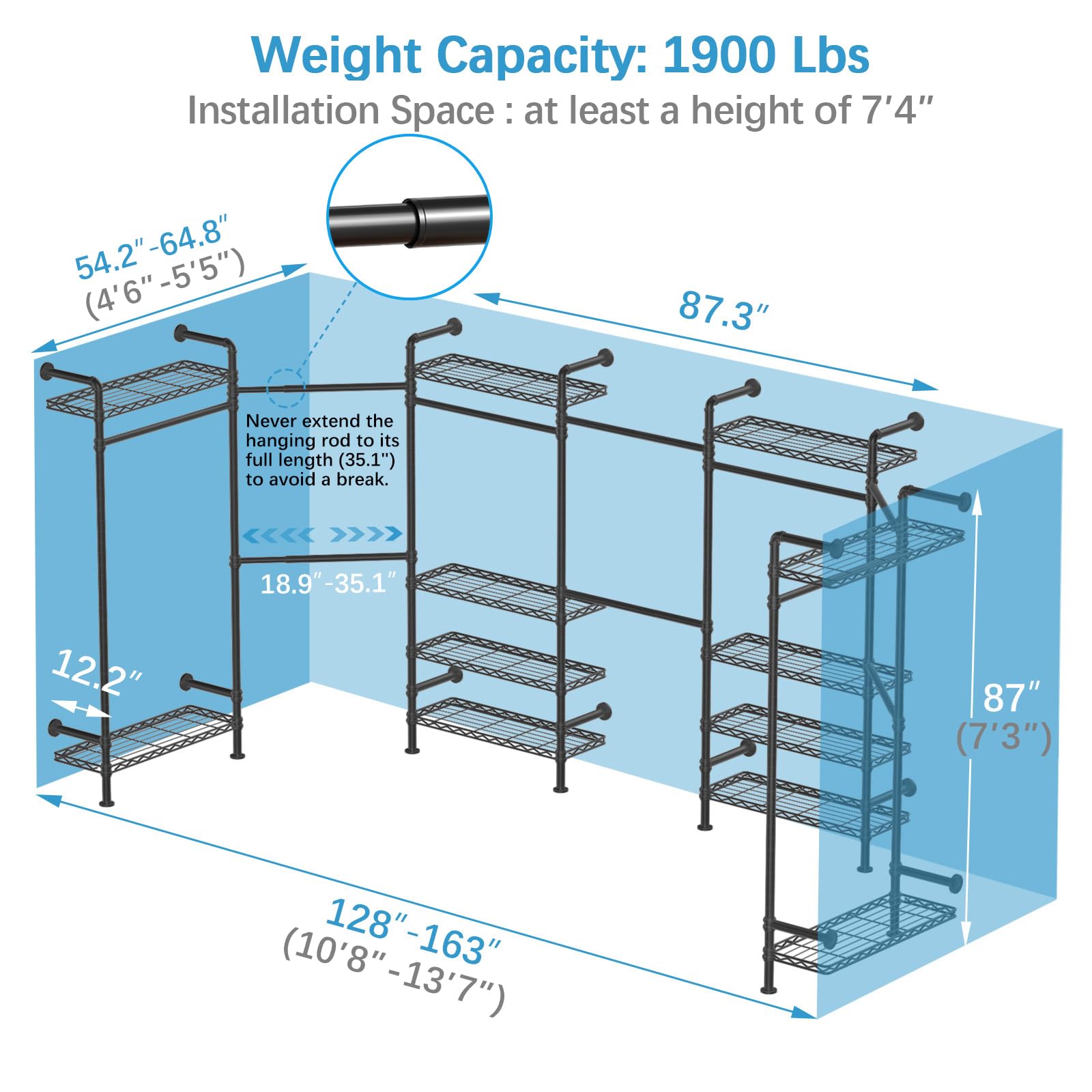 Timate U3 U Shape Garment Rack Heavy Duty Clothes Rack For Hanging Clothes, Expandable Industrial Pipe Clothing Rack Wall Mounte