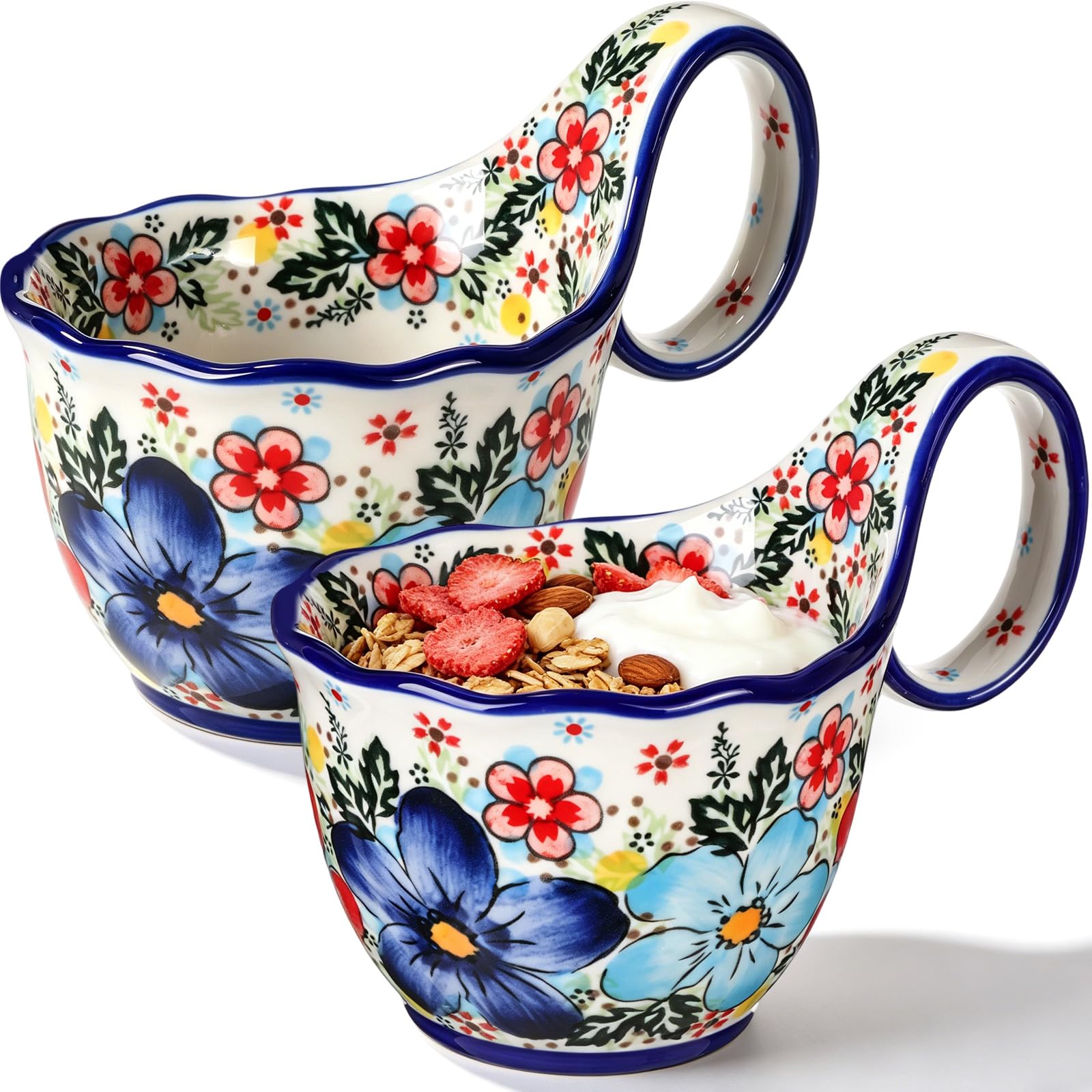 Yiyiring 2 PCS Microwavable Soup Bowl with Loop Handle 17oz Handpainted Ceramic Soup Mug for Yogurt Snack Chip Stew Ice Cream La