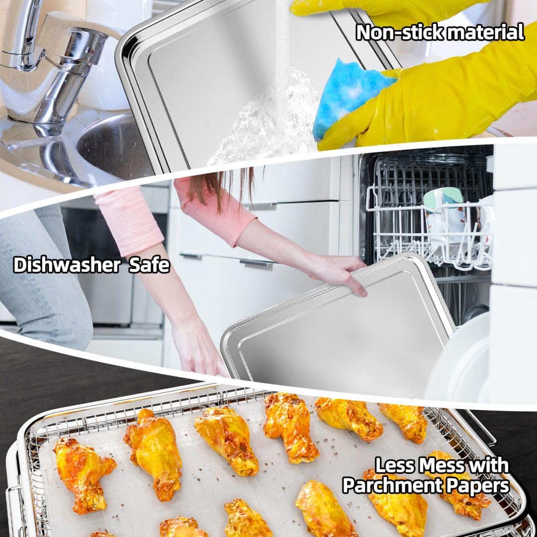 Air Fryer Basket For Oven, Extra Large 18.8'' X 12.8'' Oven Air Fryer Basket And Tray Set With 30 Pcs Parchment Papers, Demaxia