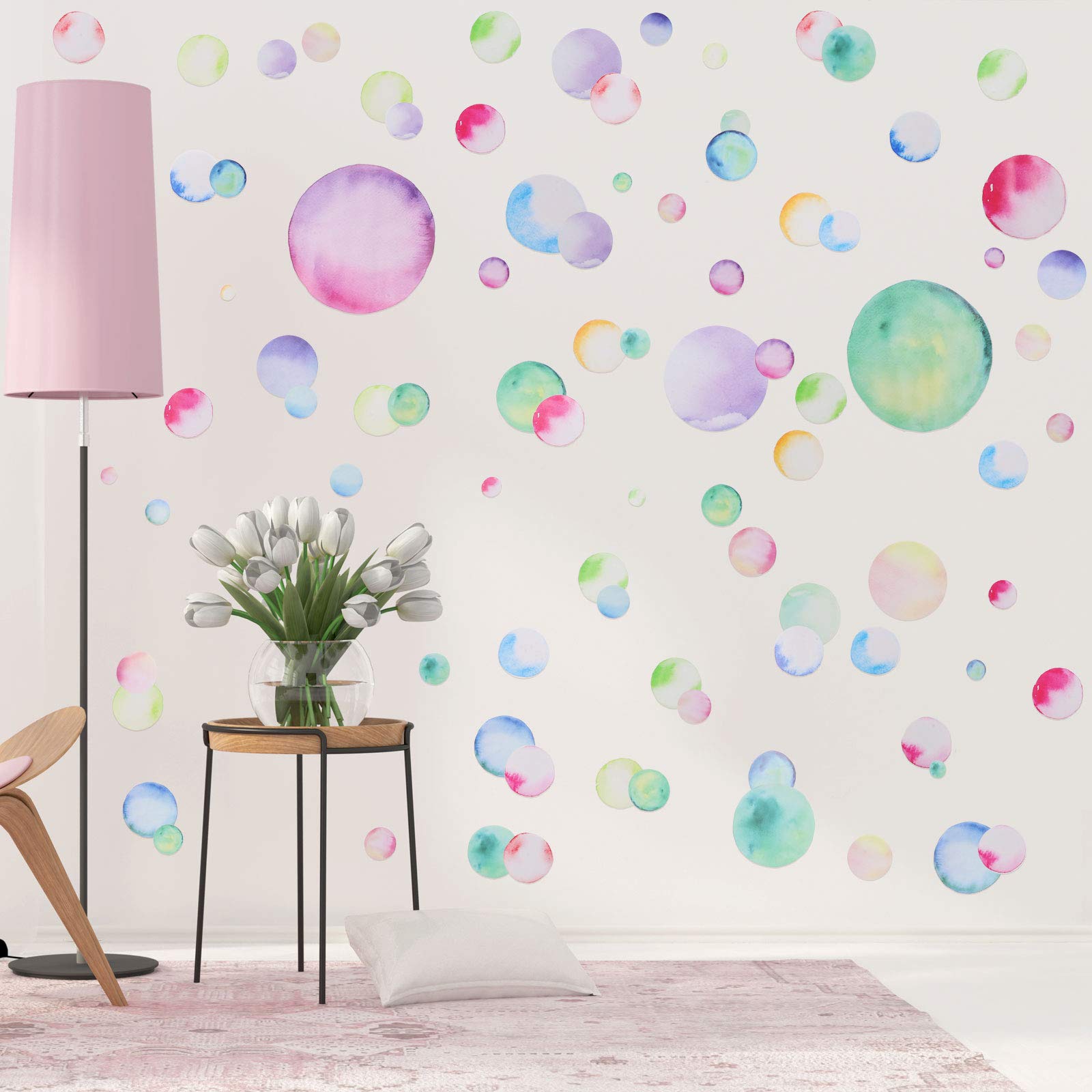Tenare 150 Pieces Large Polka Dot Wall Decals Watercolor Dots Wall Stickers Rainbow Colorful Circle Peel and Stick Removable Rai