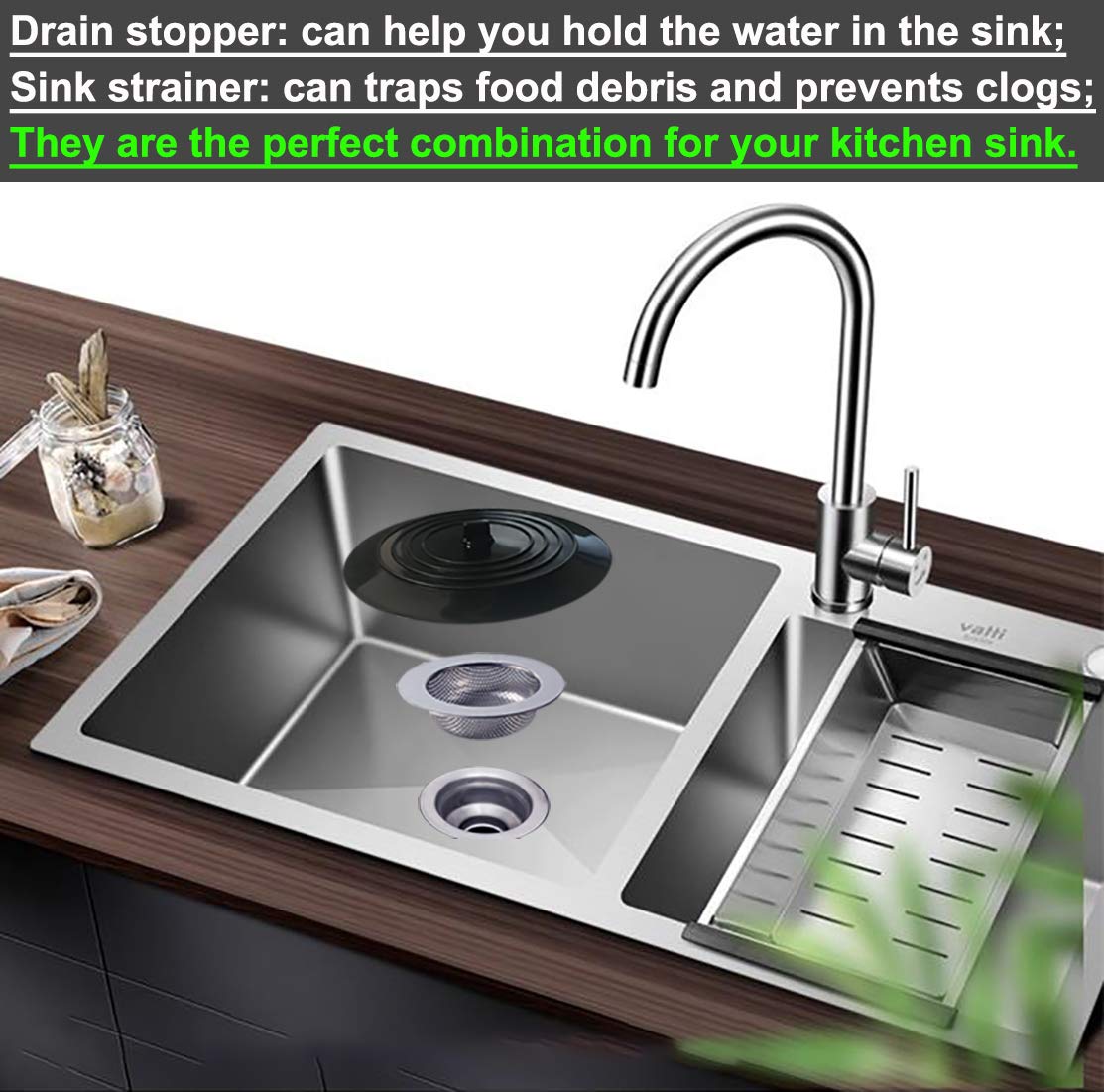 Seatery 4Pcs Kitchen Sink Stopper Strainer, 6 Inch Round Large Silicone Sink Drain Cover Plug, Water Stopper, 4.5 Inch Stainless