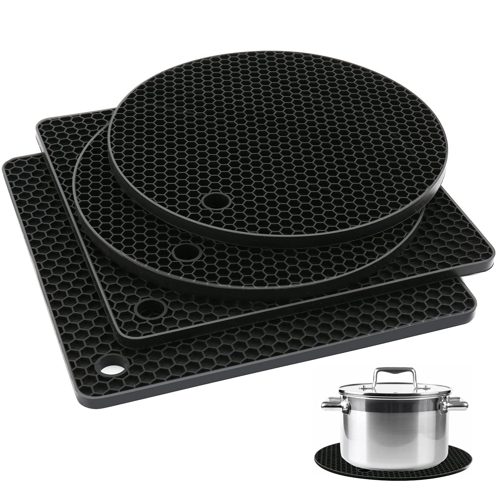 4Pcs Silicone Trivet Mats, Hot Pads For Kitchen, Silicone Trivet, Black Silicone Trivet Mats, Silicone Pot Holders, Silicone Mat