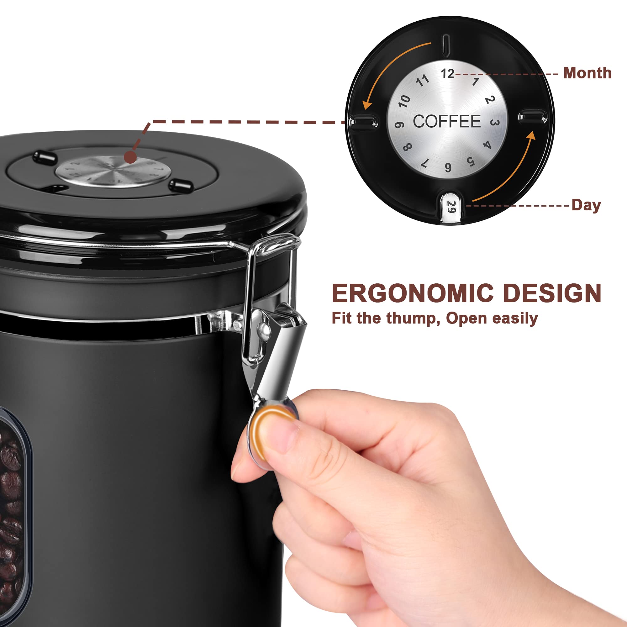 1800Ml Airtight Coffee Canister With Date Tracker&Transparent Window, 22.8Oz Coffee Container With 30Ml Measure Spoon&4 Co2 Valv