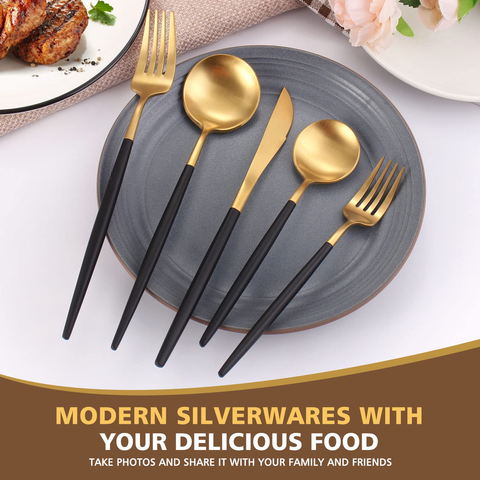 Matte Black Gold Silverware Set  Oliviola 20-Piece Stainless Steel Flatware Cutlery Set Service for 4  Satin Finish Kitchen Utensil Set  Dishwasher Safe