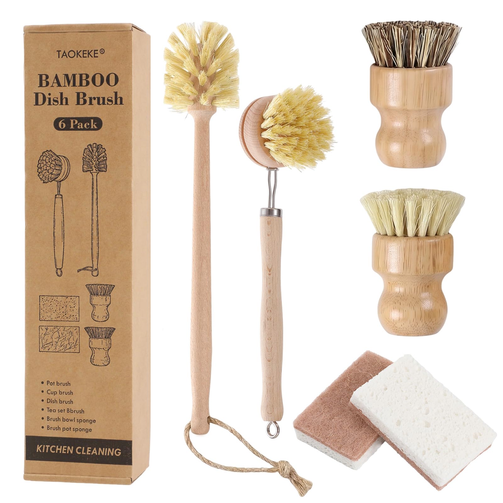 6 Pack Bamboo Dish Brush & Sponge Set, Wooden Handle Kitchen Scrub Brushes with Natural Sisal & Palm Fiber Heads, MultiPurpose 