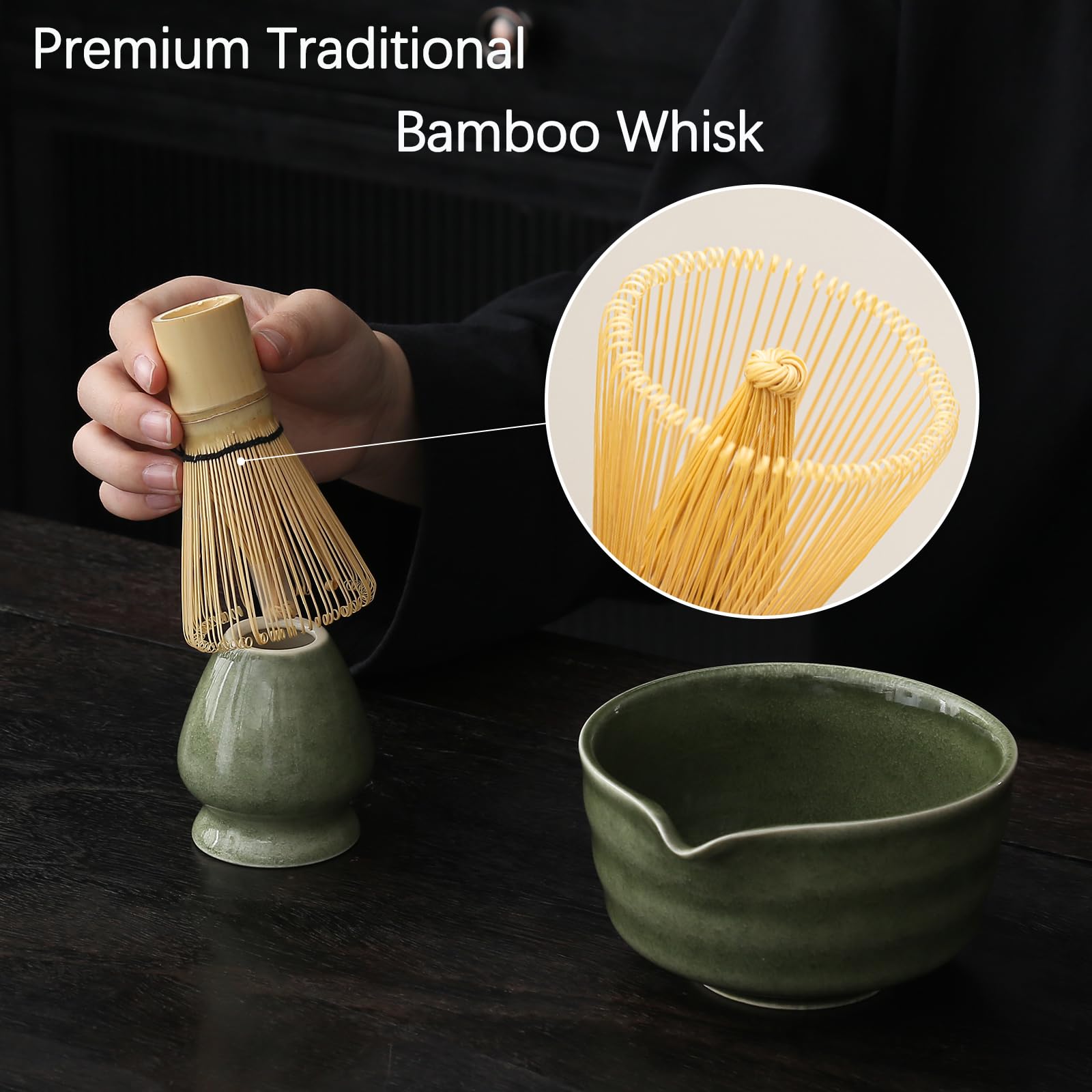 Buucup Matcha Whisk Set, Matcha Bowl With Spout, Matcha Whisk And Holder, Bamboo Matcha Scoop And Stainless Sifter - 5 Pcs Jade