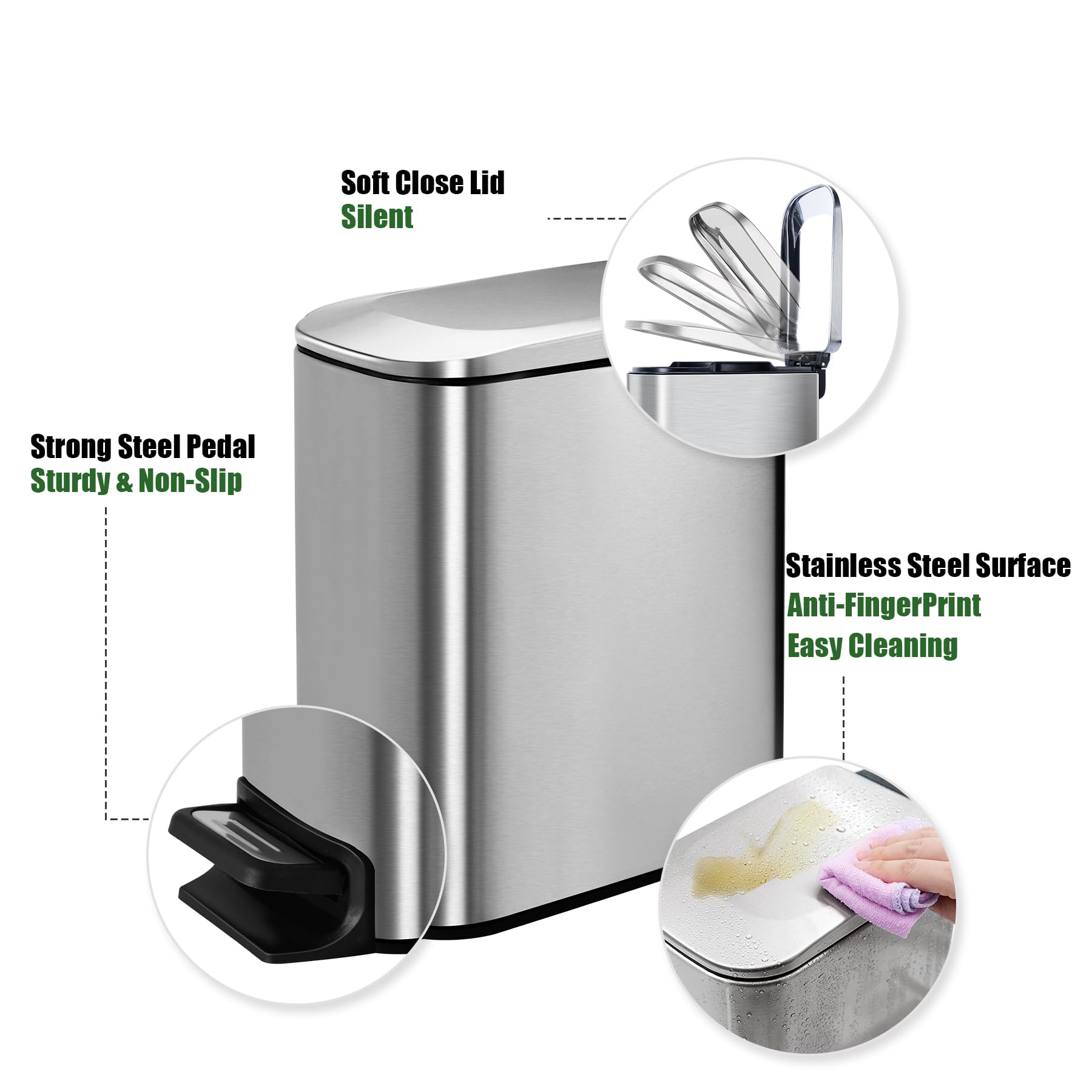 Cesun Small Bathroom Trash Can With Lid Soft Close, Step Pedal, 6 Liter / 1.6 Gallon Stainless Steel Garbage Can With Removable
