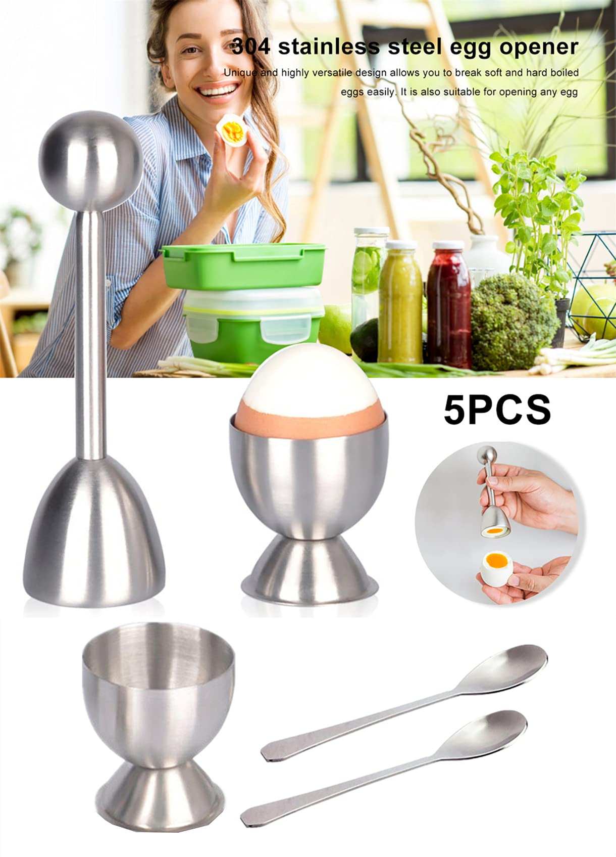 Xicennego Egg Cracker Topper Set - 5 Piece Stainless Steel Set with 2 Cups, 2 Spoons, and 1 Cutter - Silver