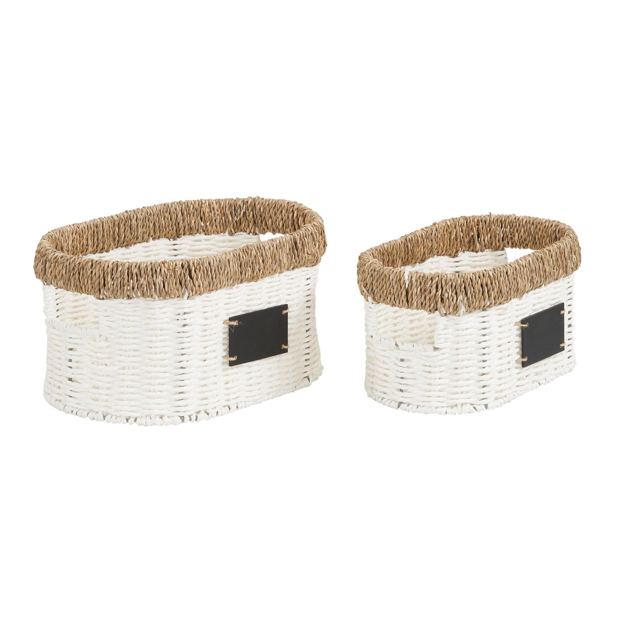 Household Essentials Natural Rim Oval Set Paper Rope And Seagrass (2 Piece) Small Wicker Basket, White