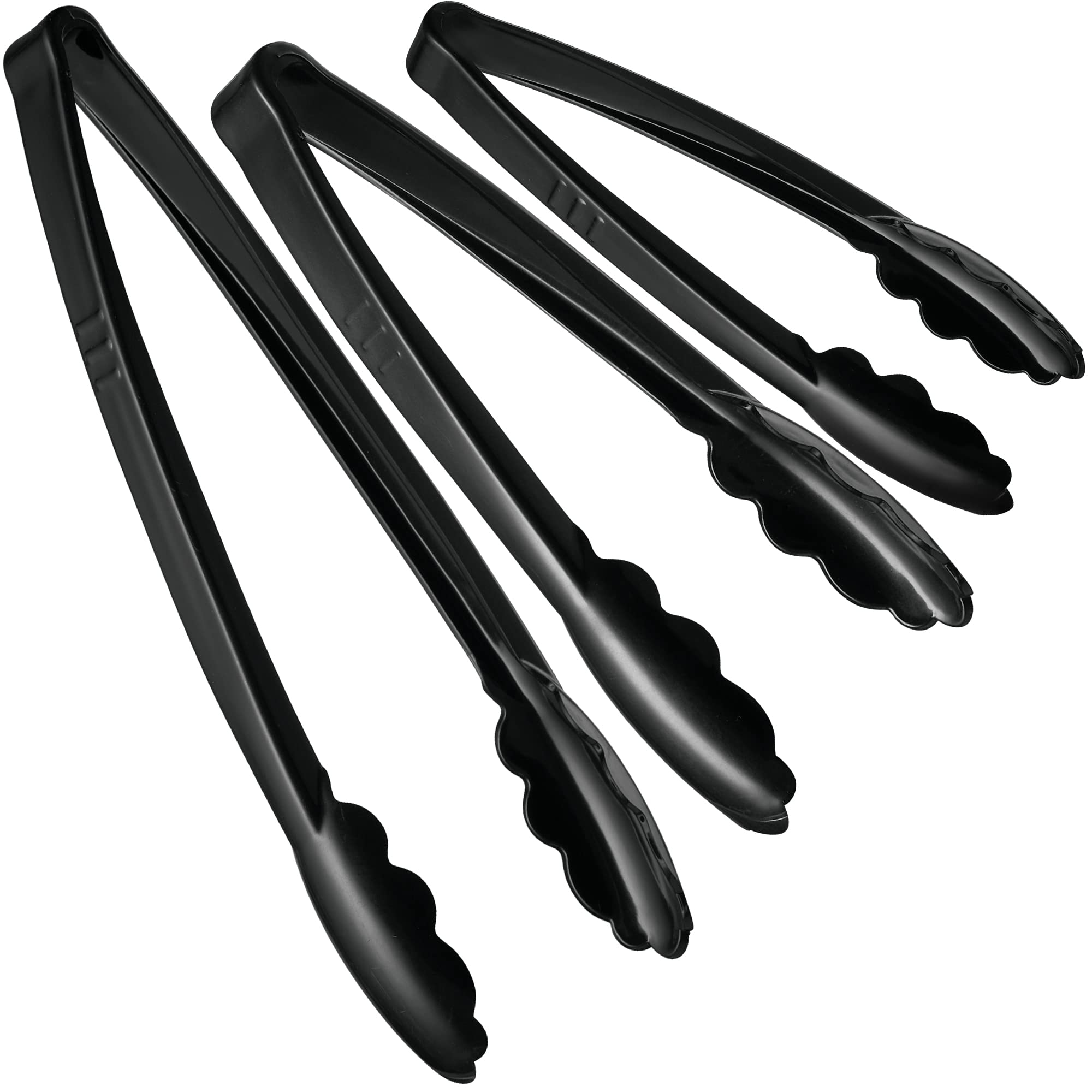 Plasticpro Heavy Duty Reusable Black Serving Tongs Combo Set - 4 Pieces (7.5, 9, 12) for Kitchen, BBQ, Parties, Catering, 