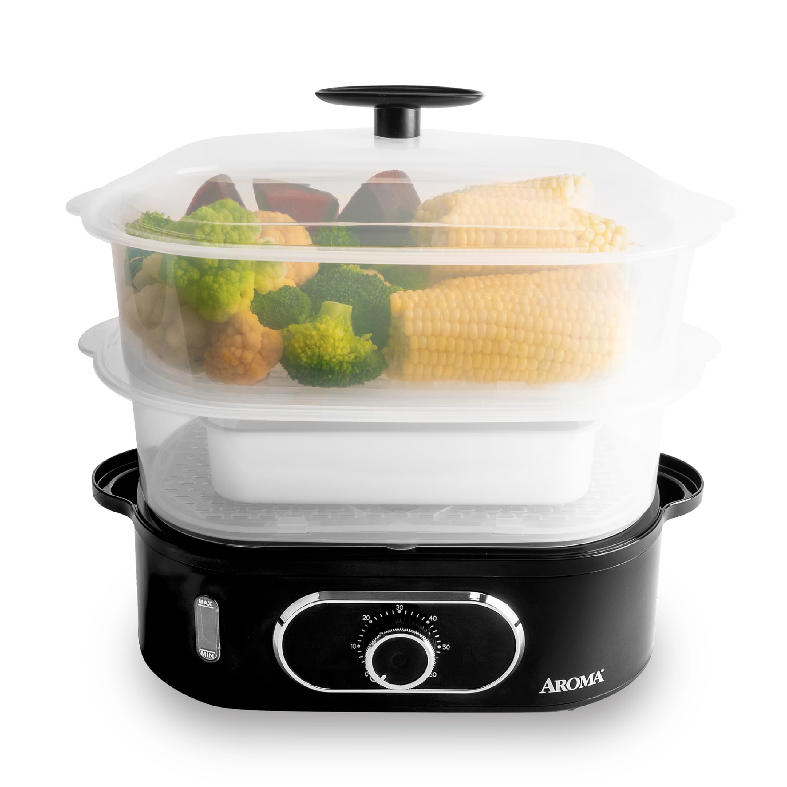 AROMA Double Food Steamer Basket and Electric Rice Steamer with Easy-Read Water Level and Timer